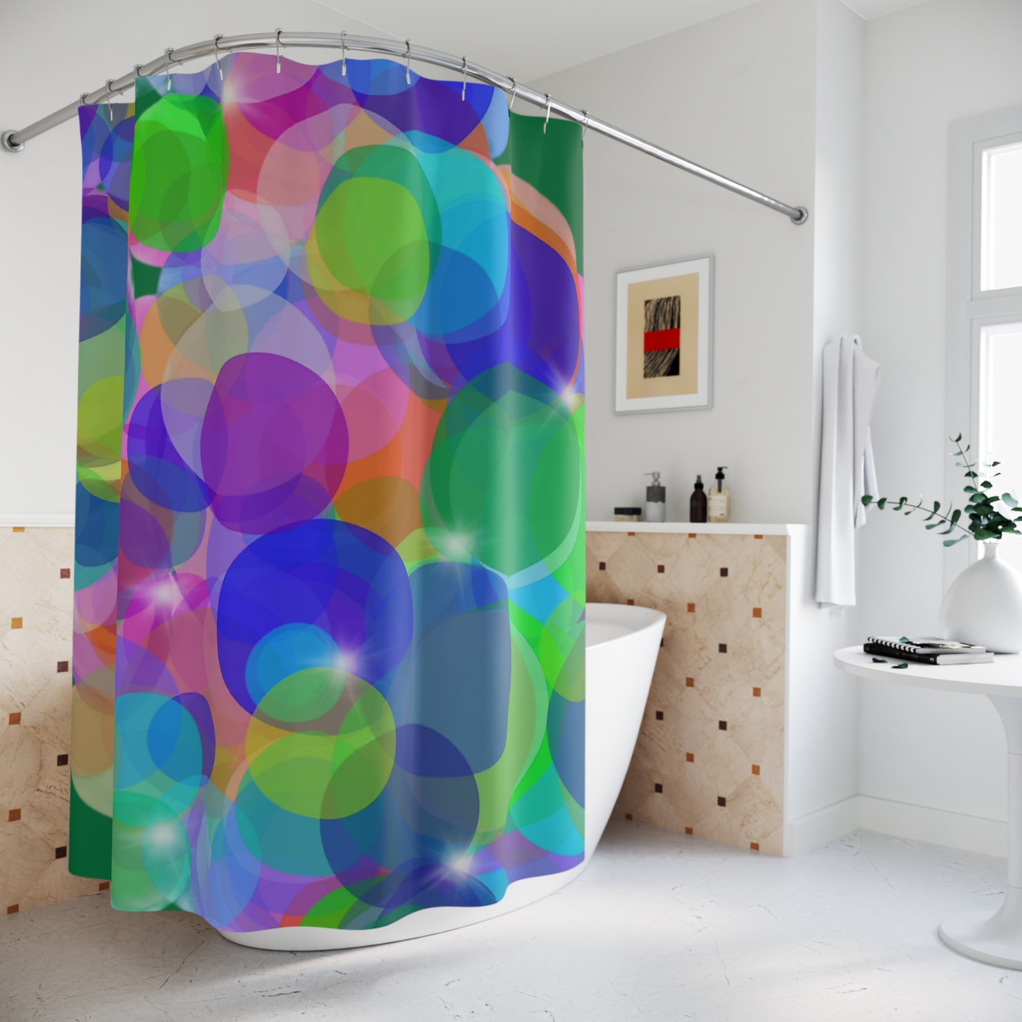 Colorful Bubble Shower Curtain — Abstract Rainbow Circles Bathroom Decor