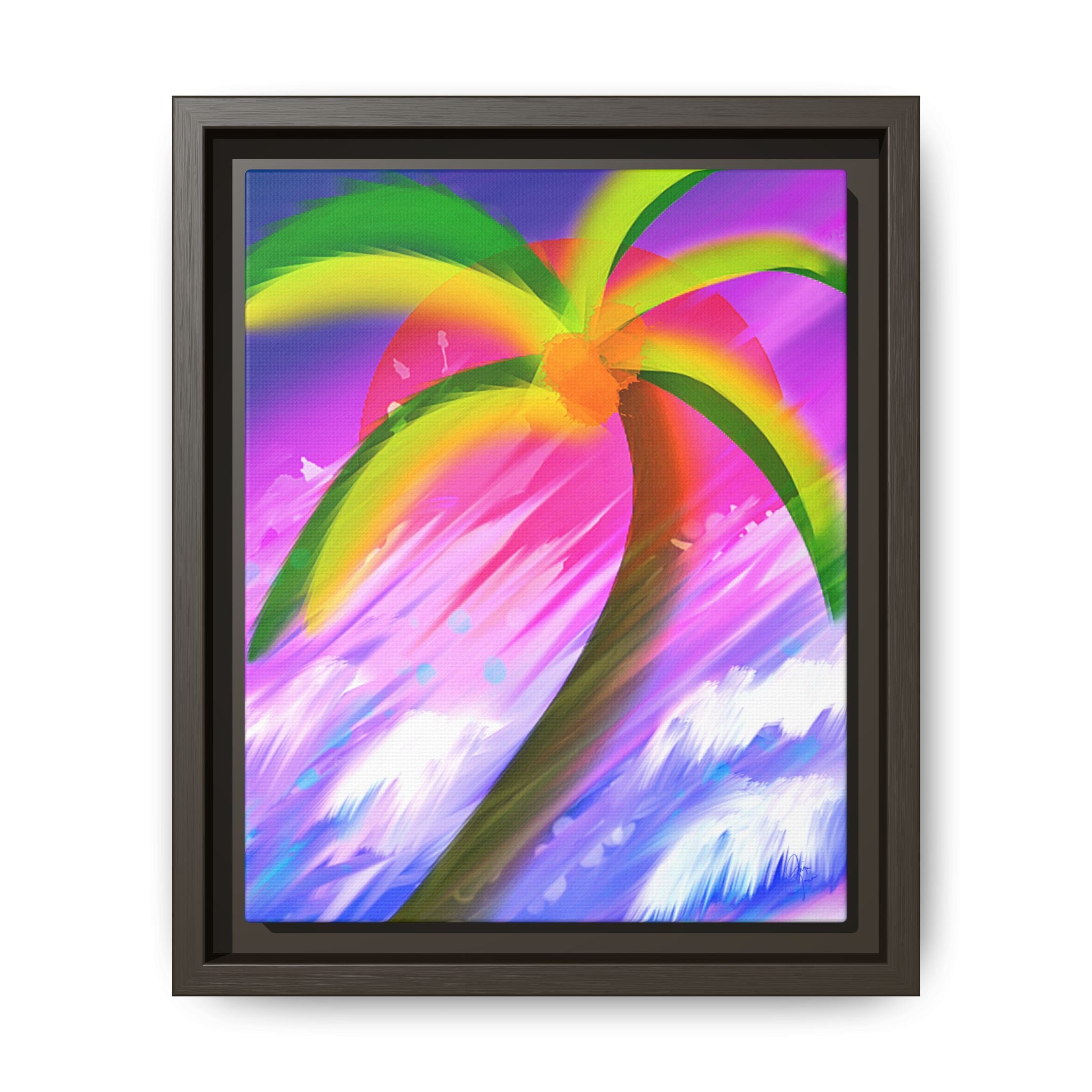 Framed Matte Canvas Print — Neon Palm Beach Art