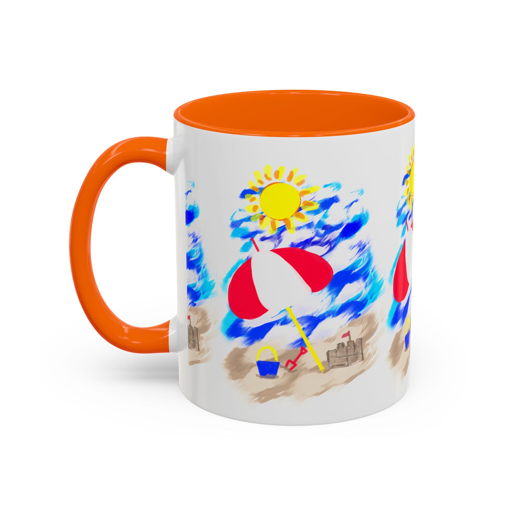 Beach Scene Coffee Mug – Summer Umbrella, Sun & Sandcastle Accent Mug