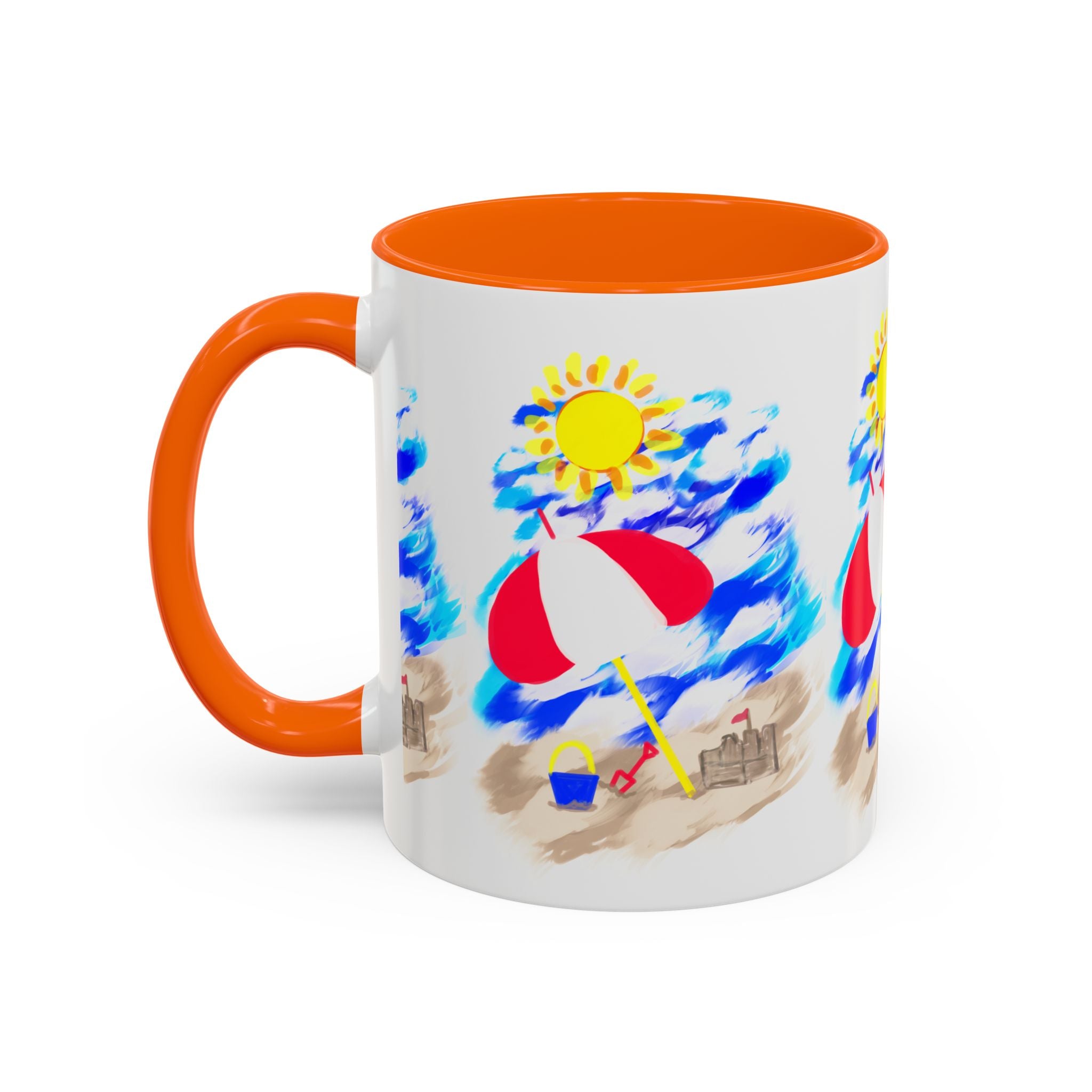 Beach Scene Coffee Mug – Summer Umbrella, Sun & Sandcastle Accent Mug