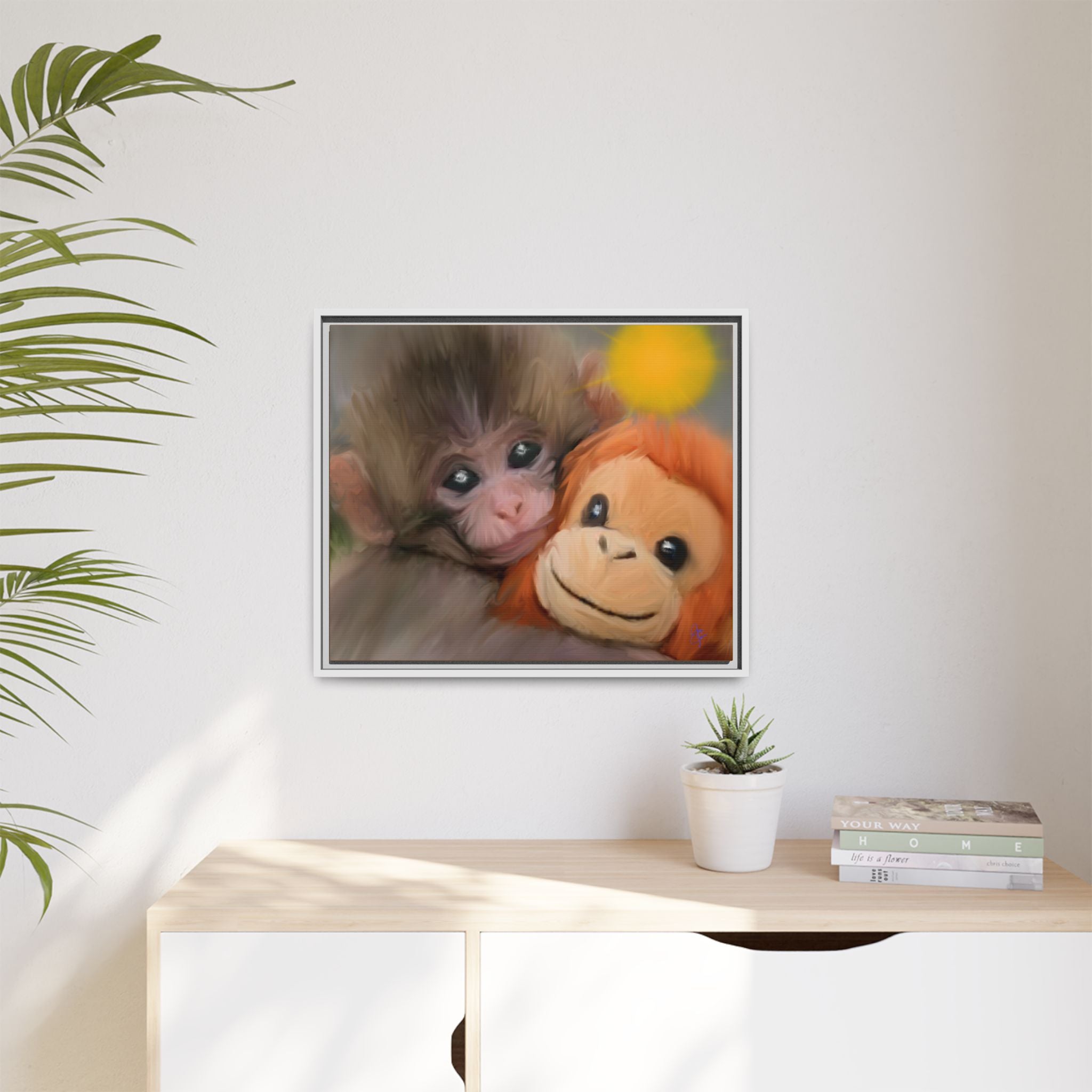 Framed Matte Canvas Print — Baby Monkey & Plush Orangutan Wall Art