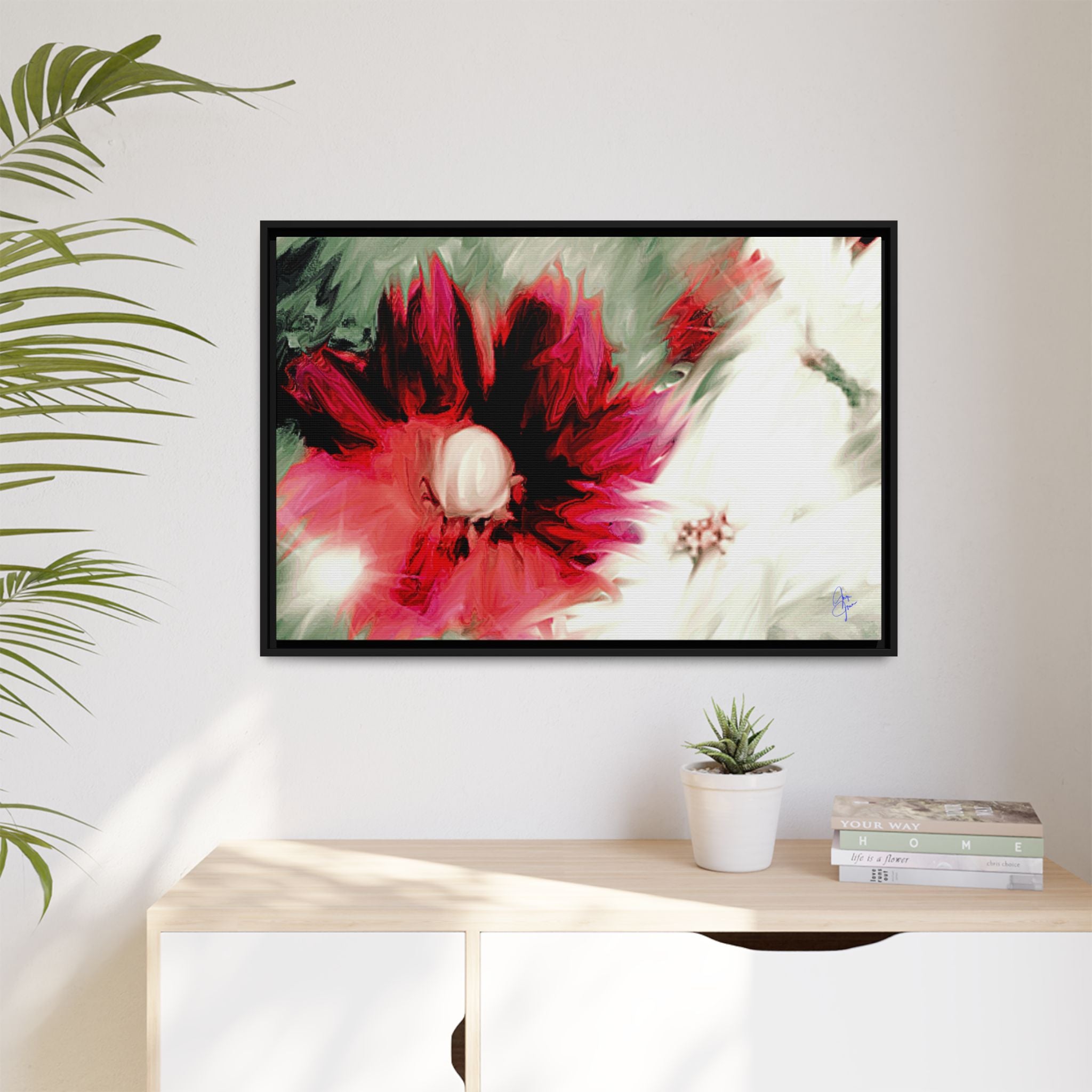 Framed Matte Canvas Print — Blurred Red & White Floral Art