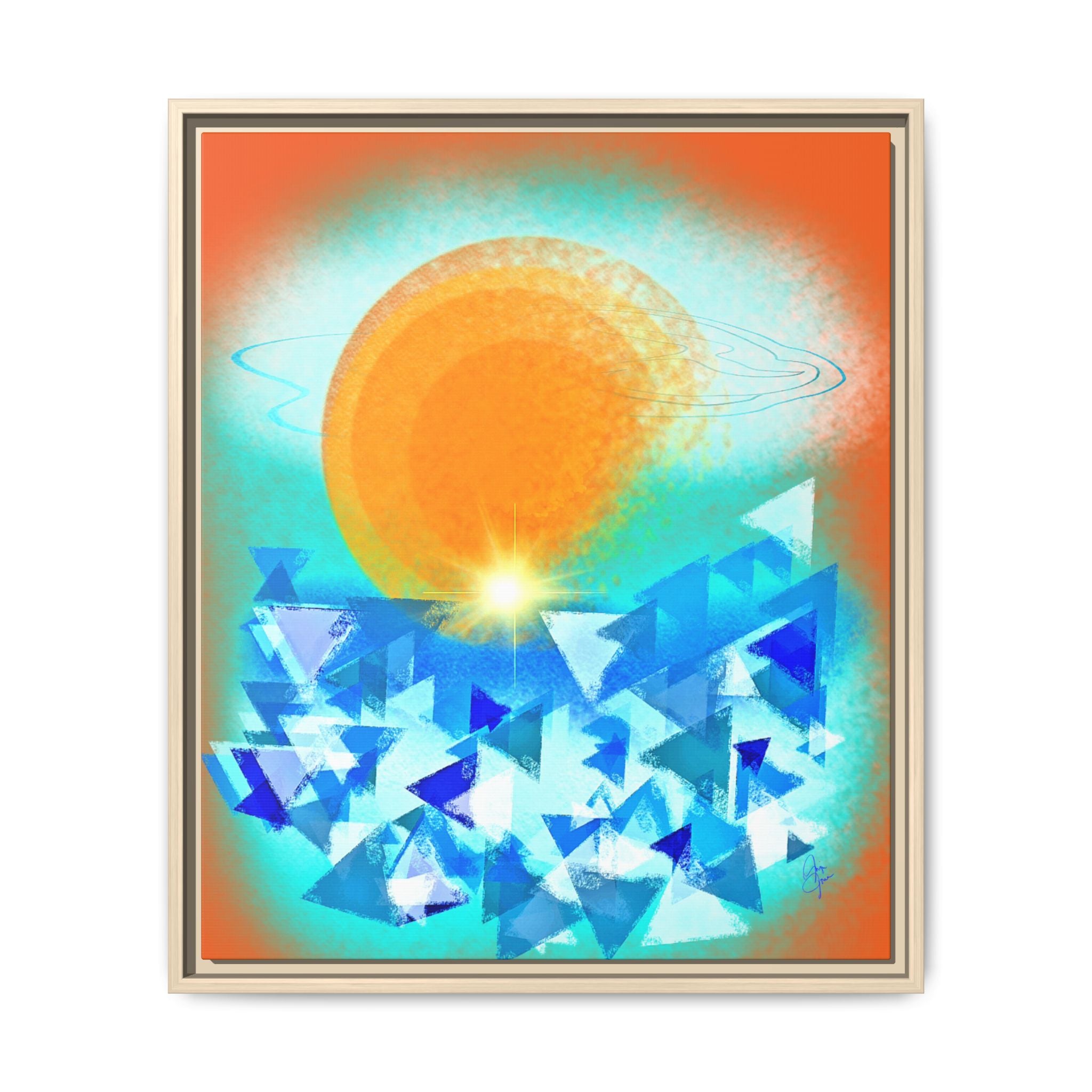 Abstract Sunrise Framed Canvas Art – Orange Sun Over Blue Geometric Waves