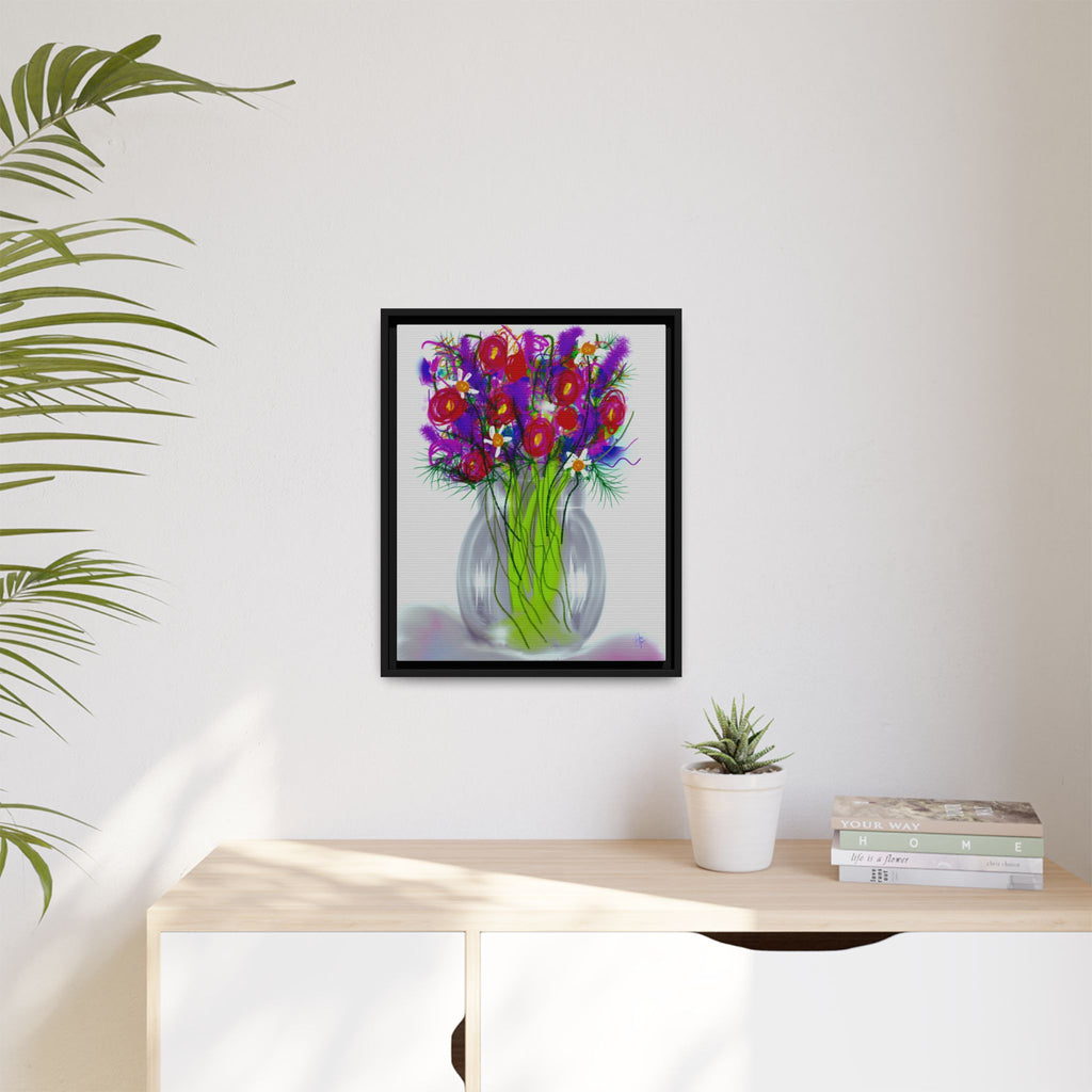 Framed Floral Bouquet Matte Canvas Wall Art — Colorful Abstract Flowers in Vase