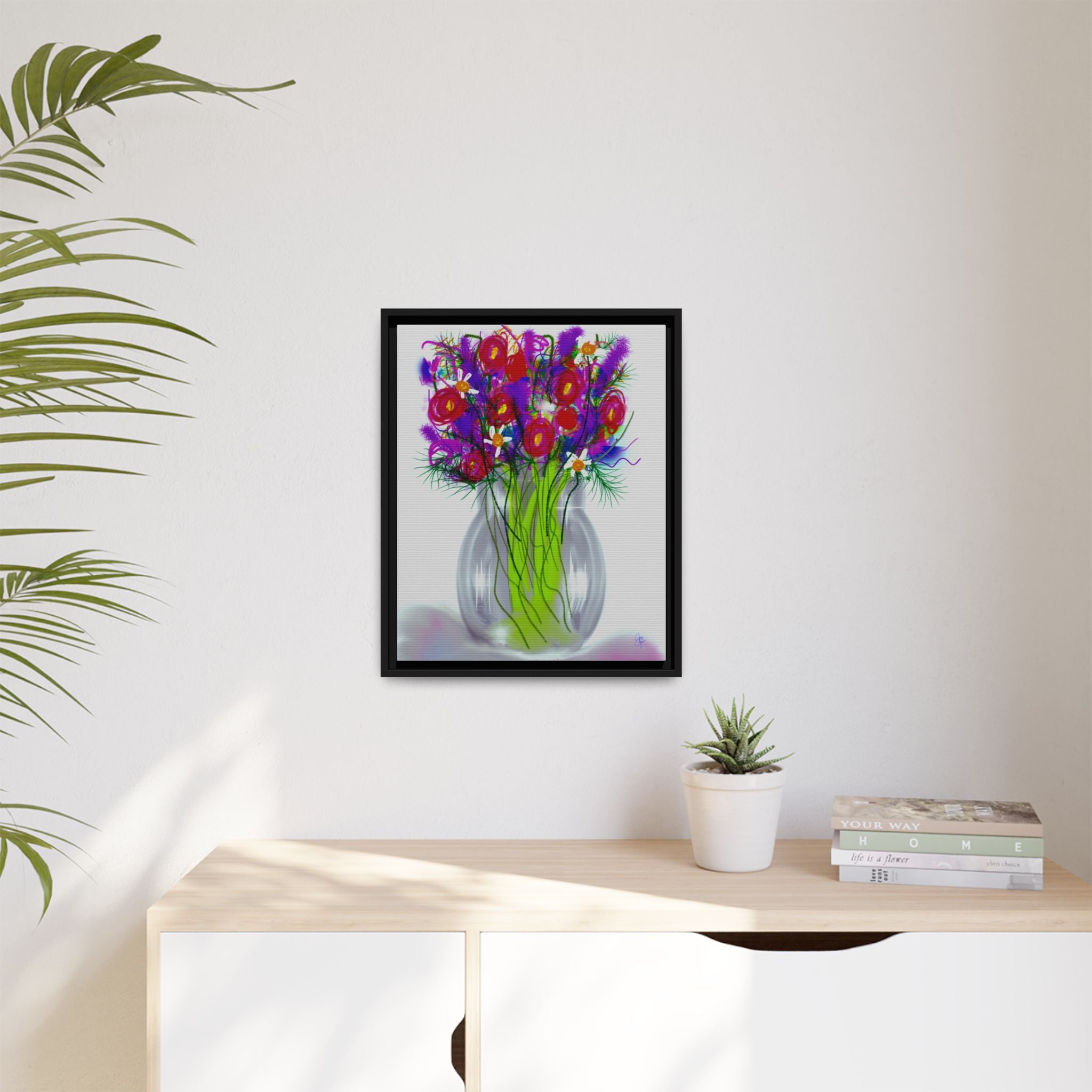 Framed Floral Bouquet Matte Canvas Wall Art — Colorful Abstract Flowers in Vase