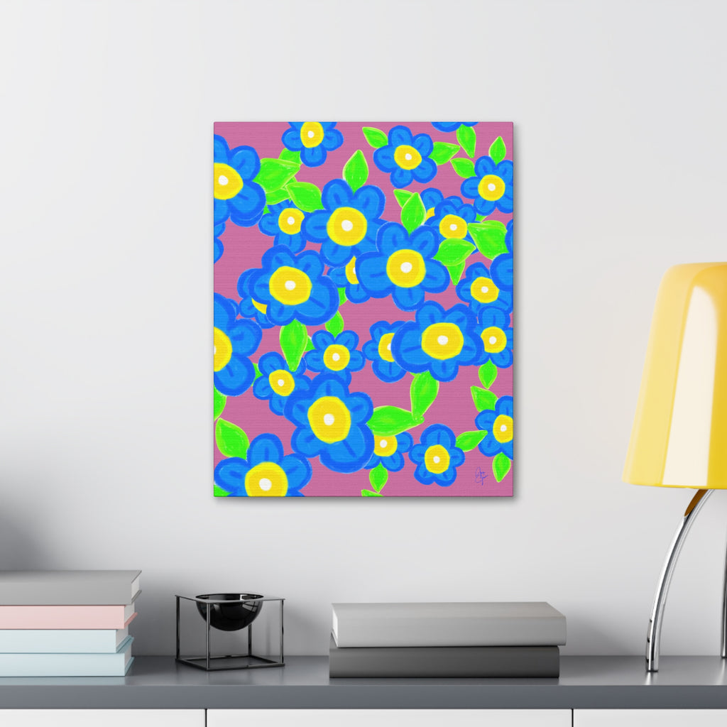 Blue Floral Canvas Wall Art — Bright Hand-Drawn Flowers on Mustard Background