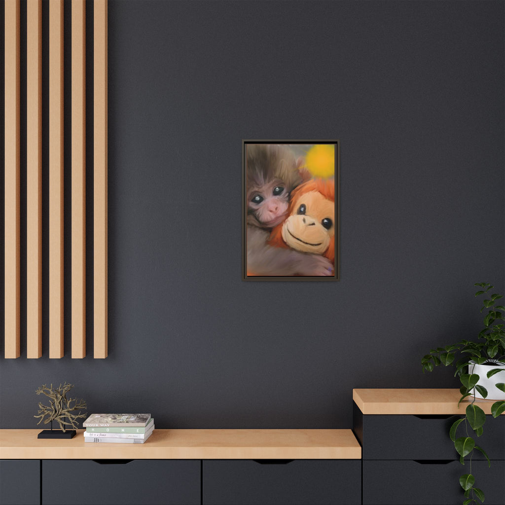 Framed Matte Canvas Print — Baby Monkey & Plush Orangutan Wall Art