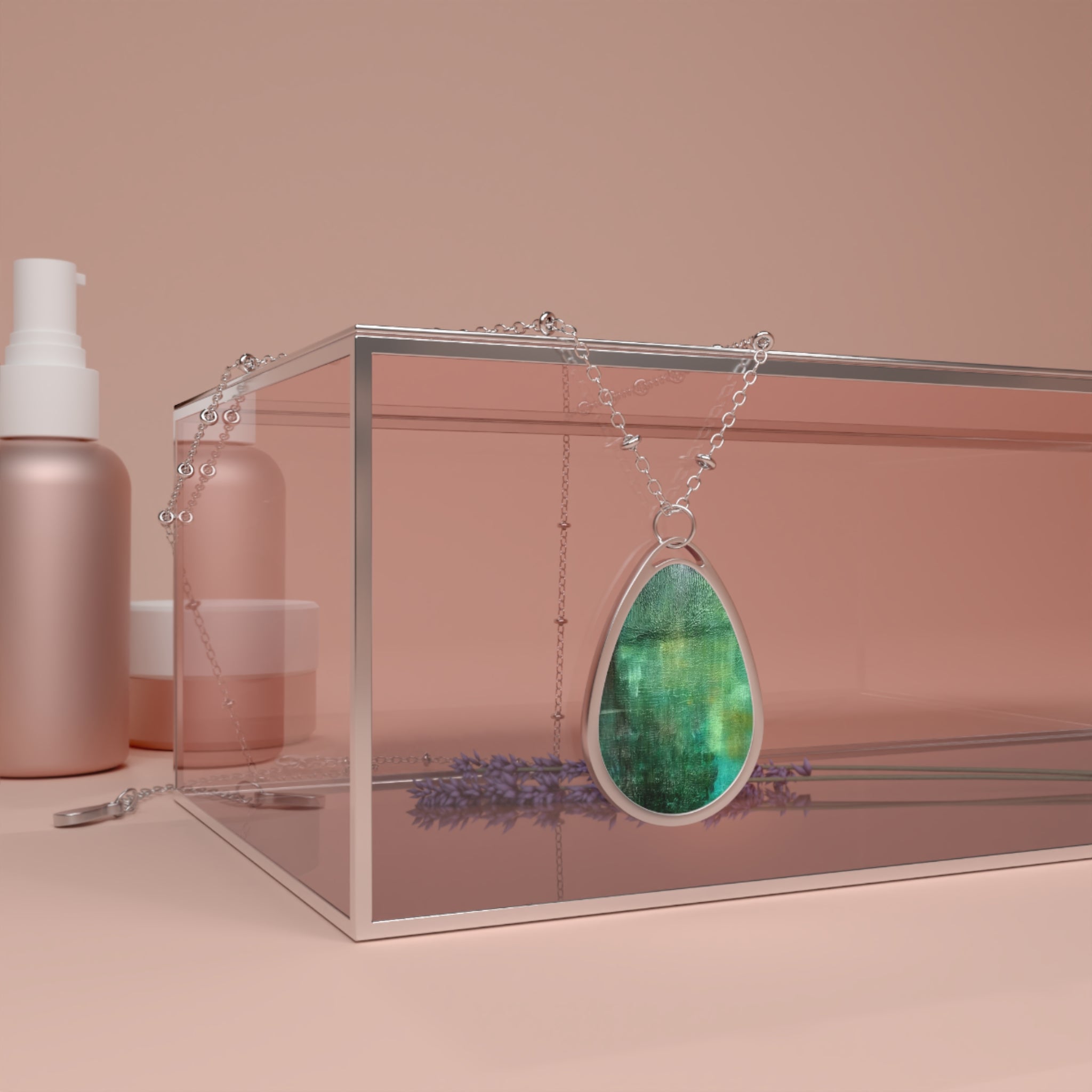 Emerald Teardrop Pendant Necklace — Oval Resin Stone on Silver Chain