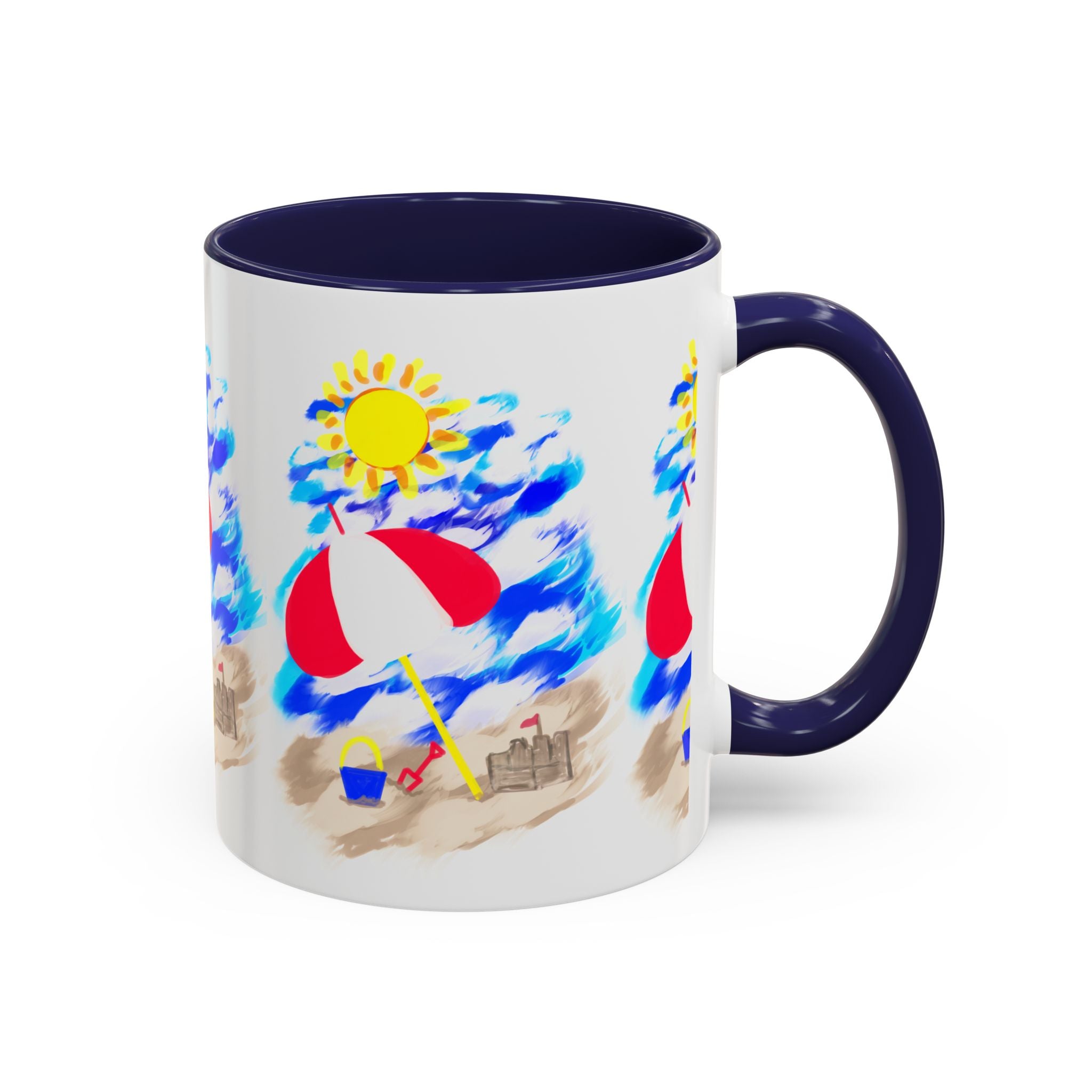 Beach Scene Coffee Mug – Summer Umbrella, Sun & Sandcastle Accent Mug