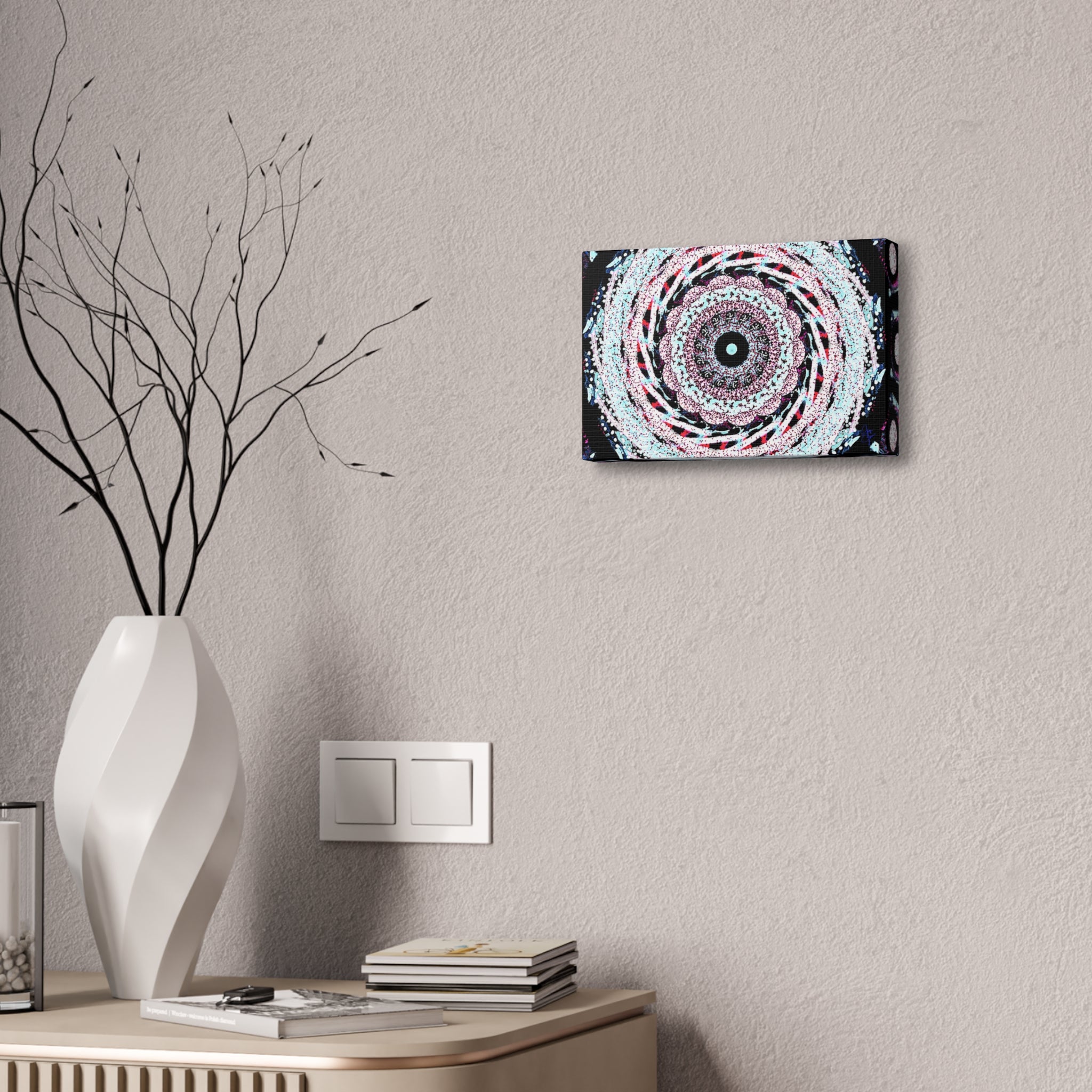Mandala Kaleidoscope Canvas Wall Art — Psychedelic Pink & Teal Stretched Canvas (1.5")