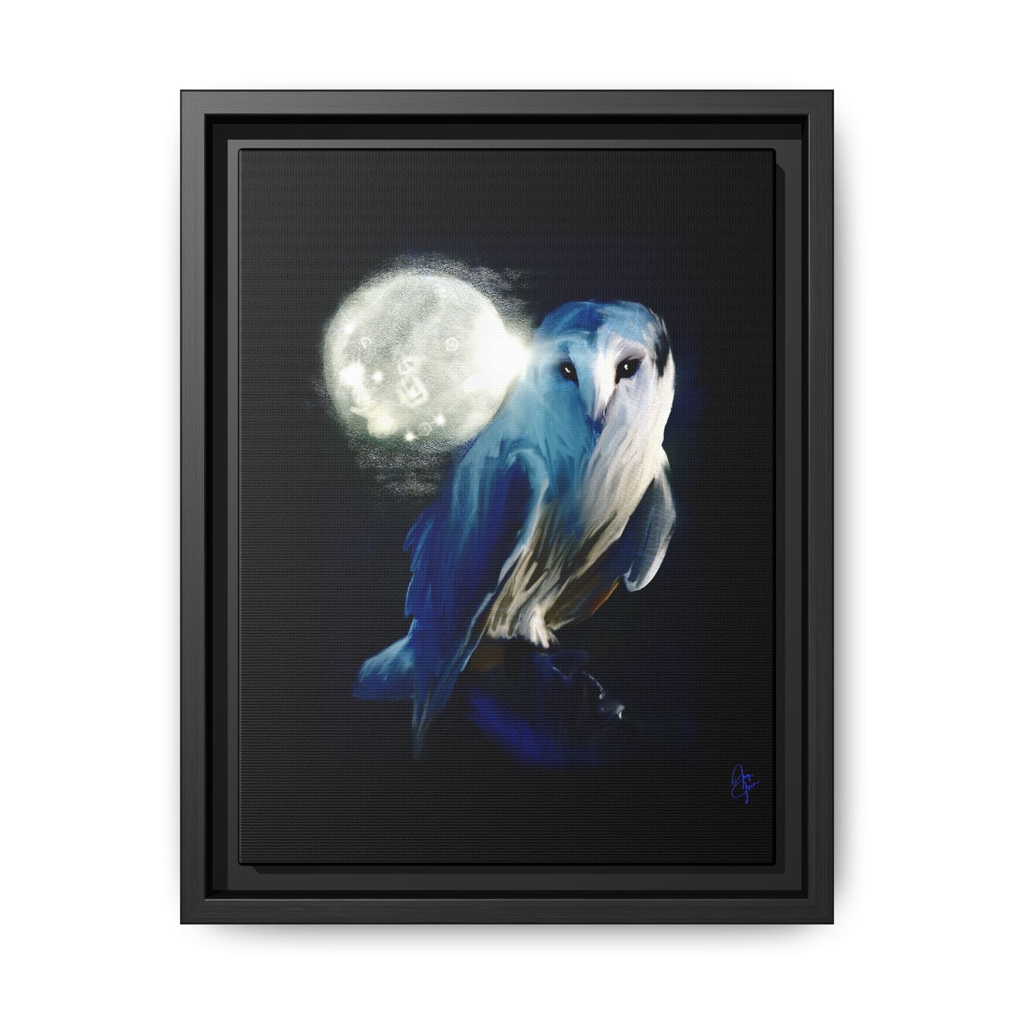 Moonlight Owl Matte Framed Canvas — Mystical Blue Owl Wall Art