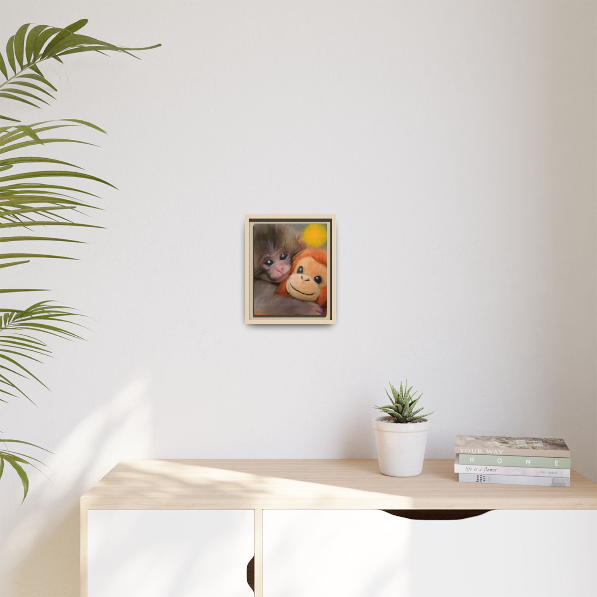 Framed Matte Canvas Print — Baby Monkey & Plush Orangutan Wall Art