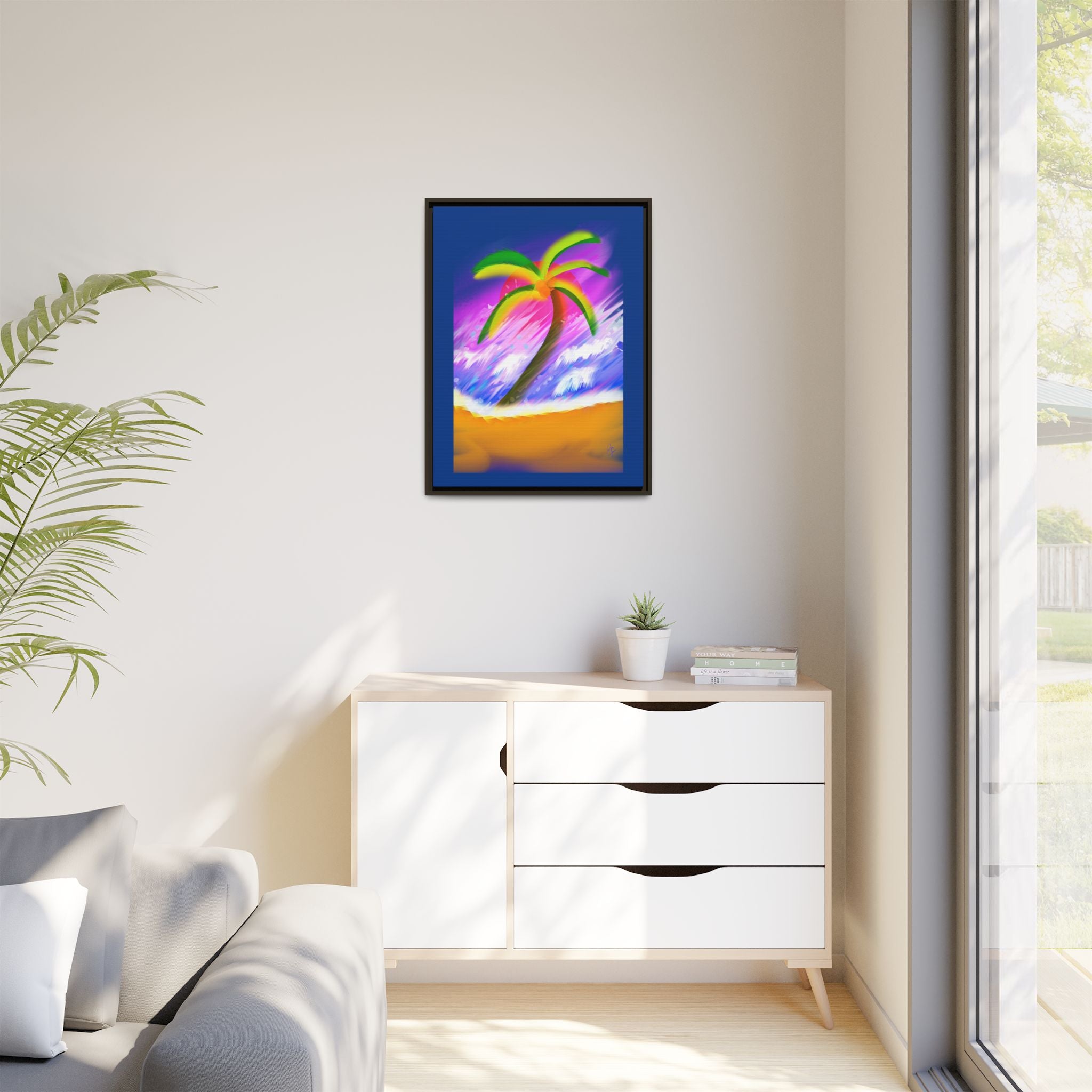 Framed Matte Canvas Print — Neon Palm Beach Art