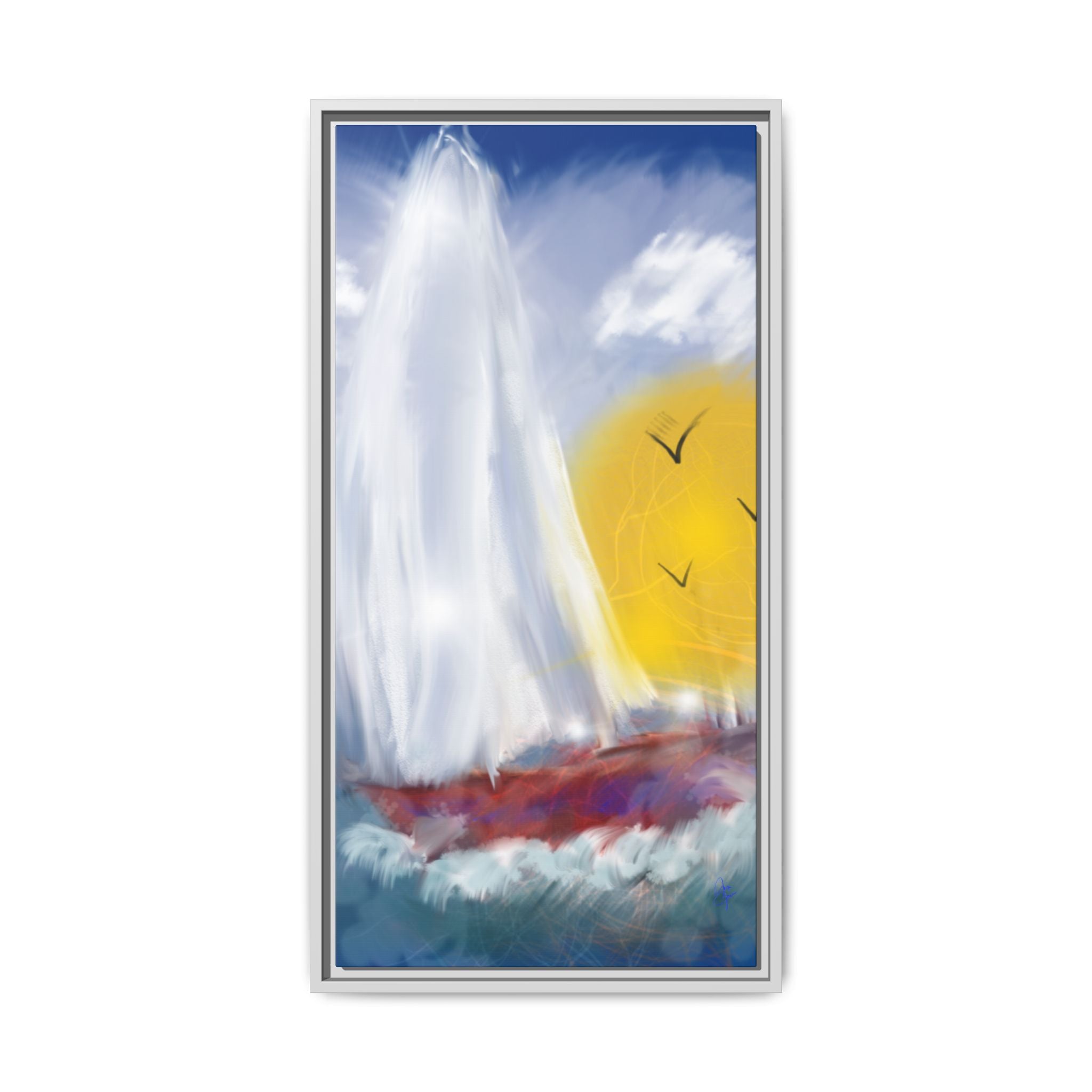 Sailboat Sunset Matte Framed Canvas Print — Coastal Seascape Wall Art