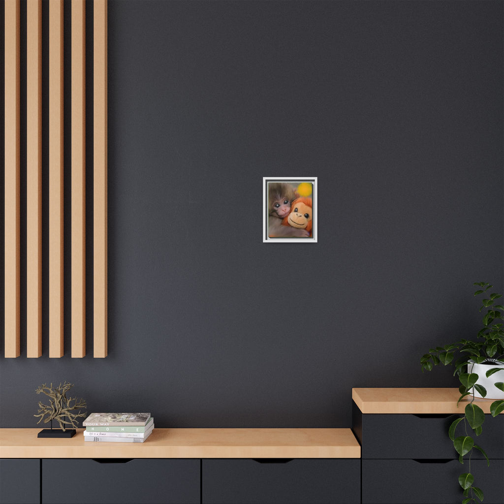 Framed Matte Canvas Print — Baby Monkey & Plush Orangutan Wall Art