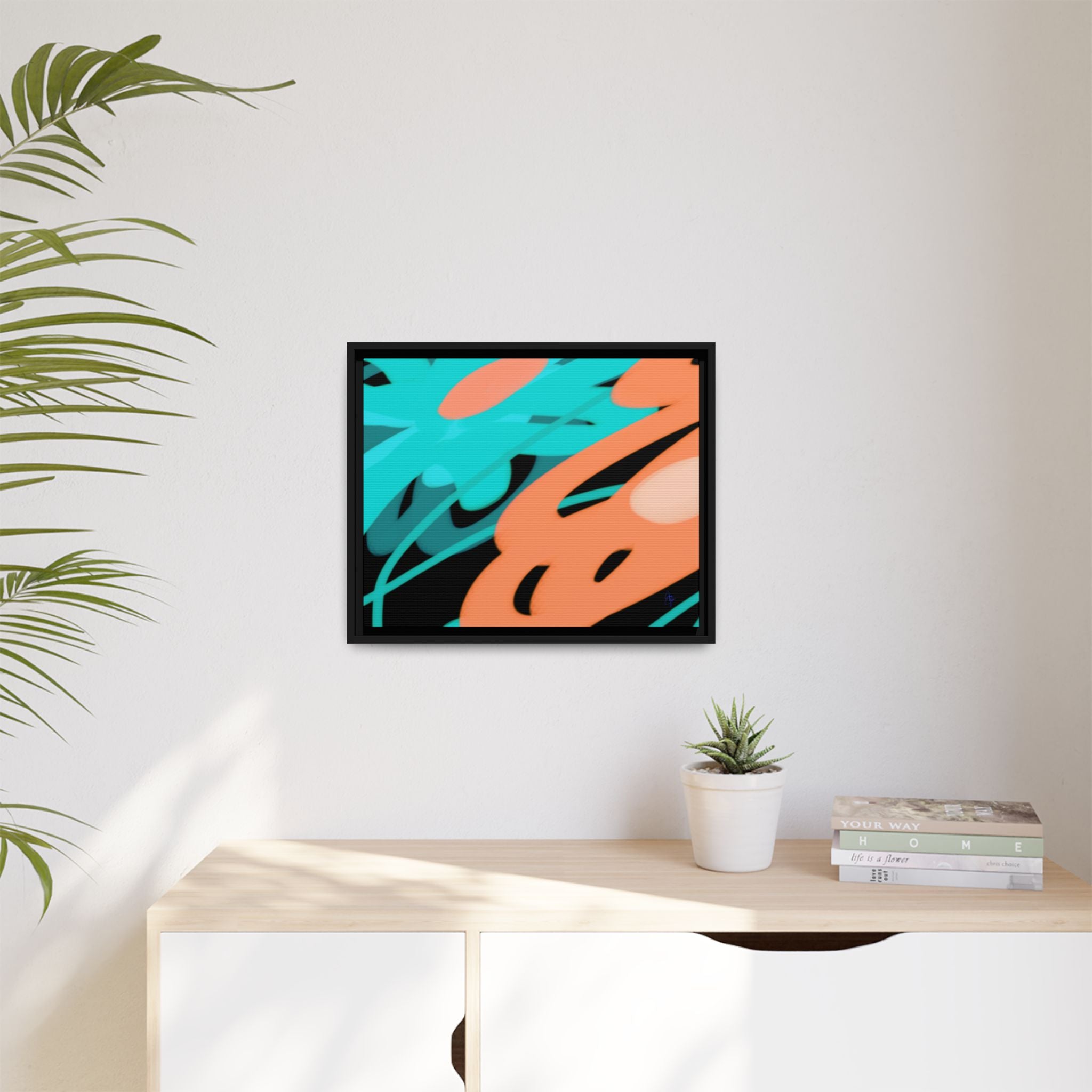 Abstract Teal & Coral Splash Framed Canvas