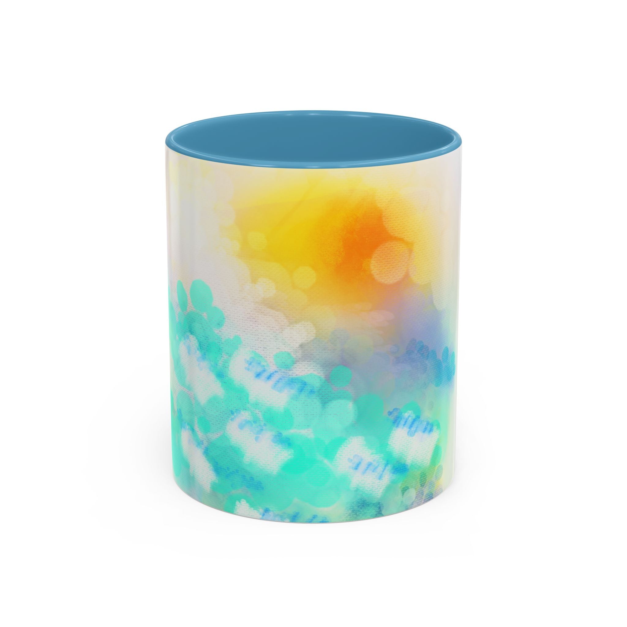 Sunrise Watercolor Accent Coffee Mug — Bright Abstract Teal & Yellow Ceramic