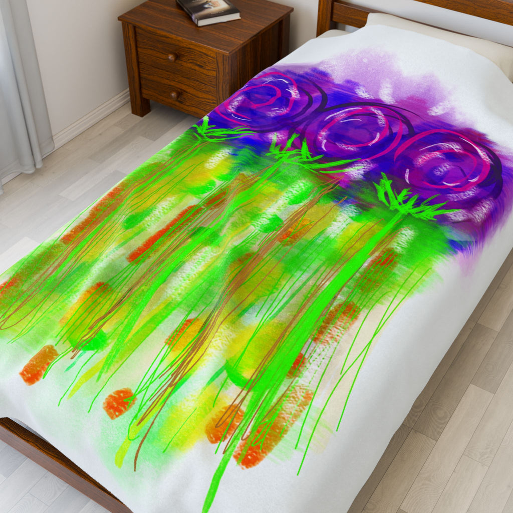 Velveteen Plush Blanket — Watercolor Purple Roses Floral Throw for Cozy Home & Gift