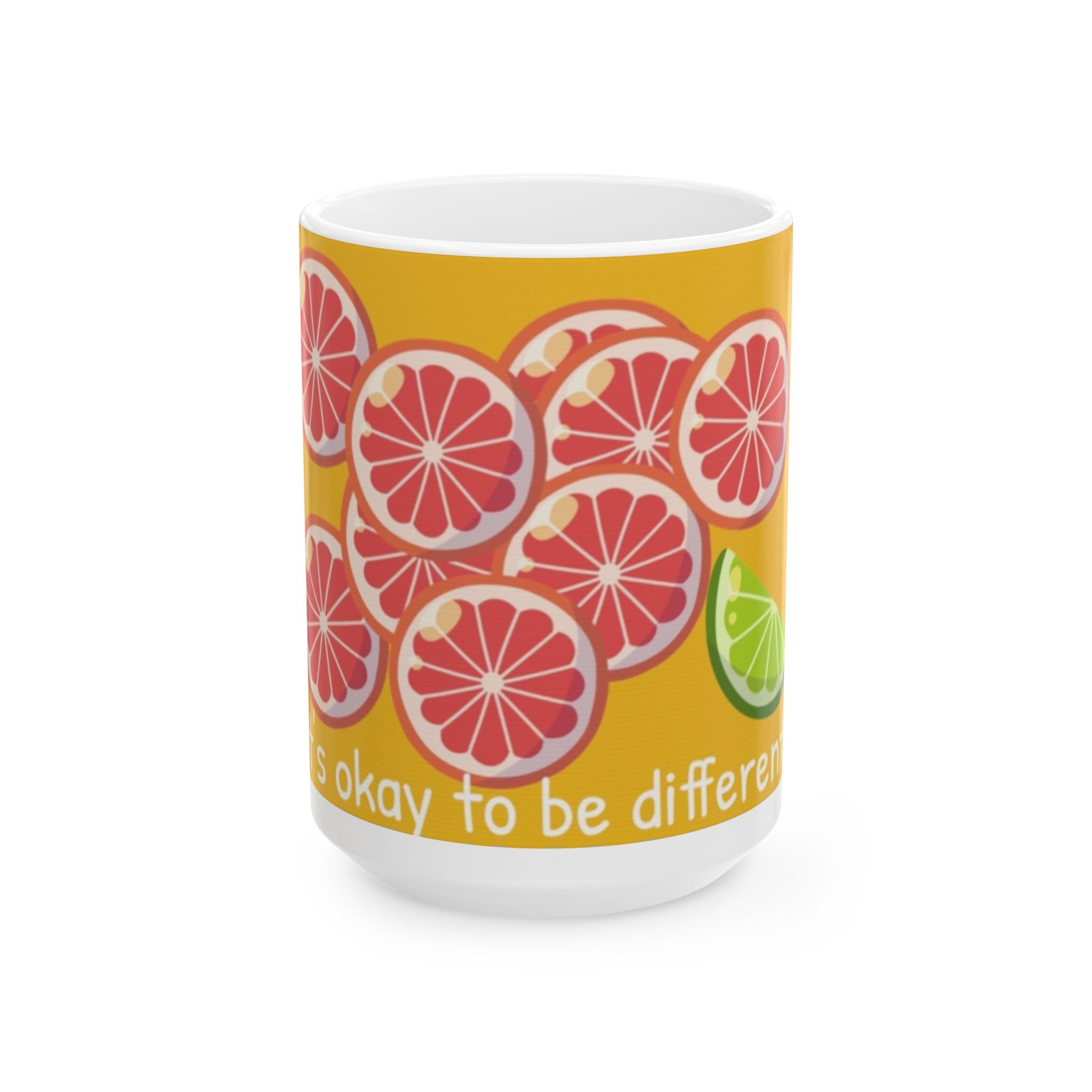Citrus Slice Ceramic Mug – "It's Okay to Be Different" Colorful Grapefruit & Lime Coffee Cup