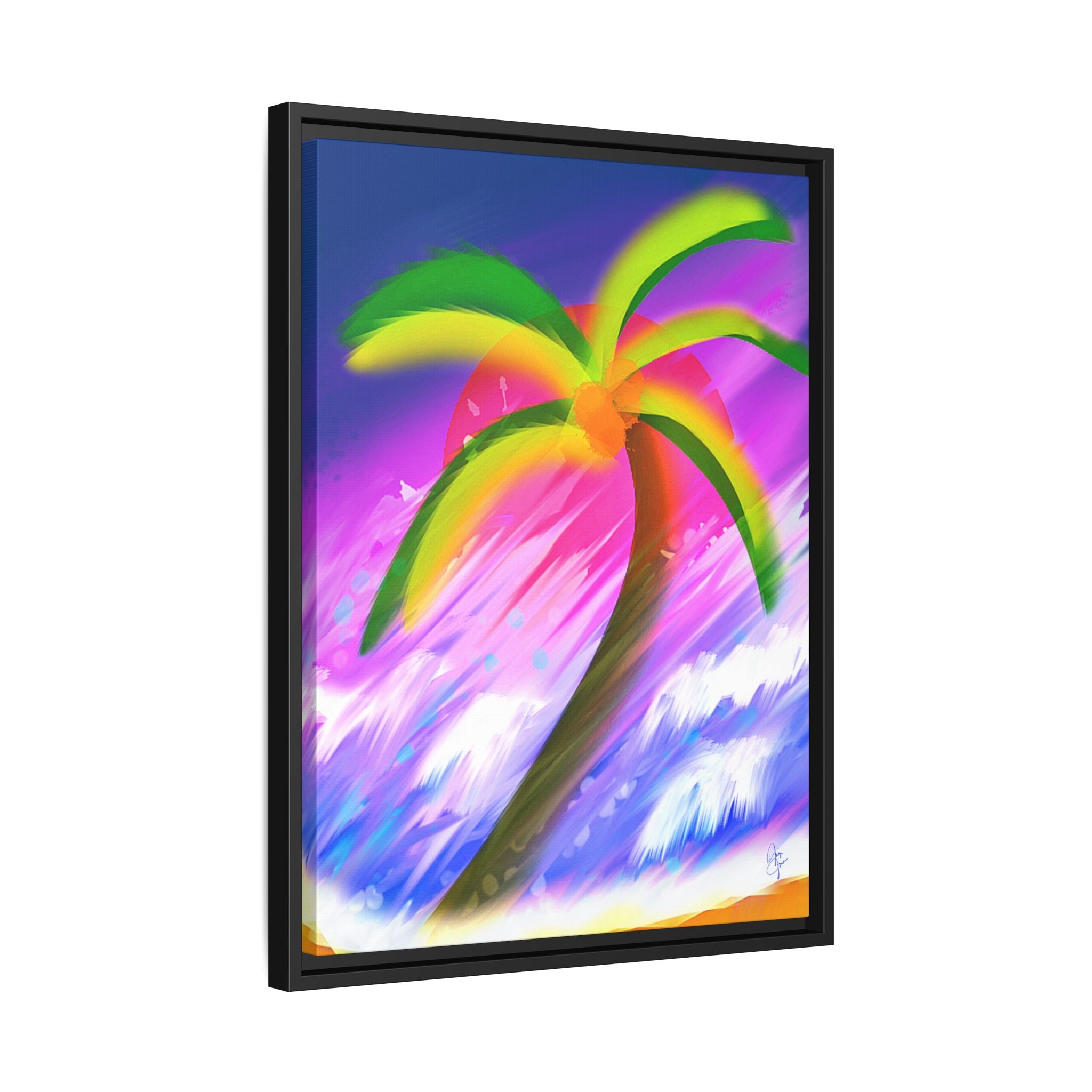 Framed Matte Canvas Print — Neon Palm Beach Art