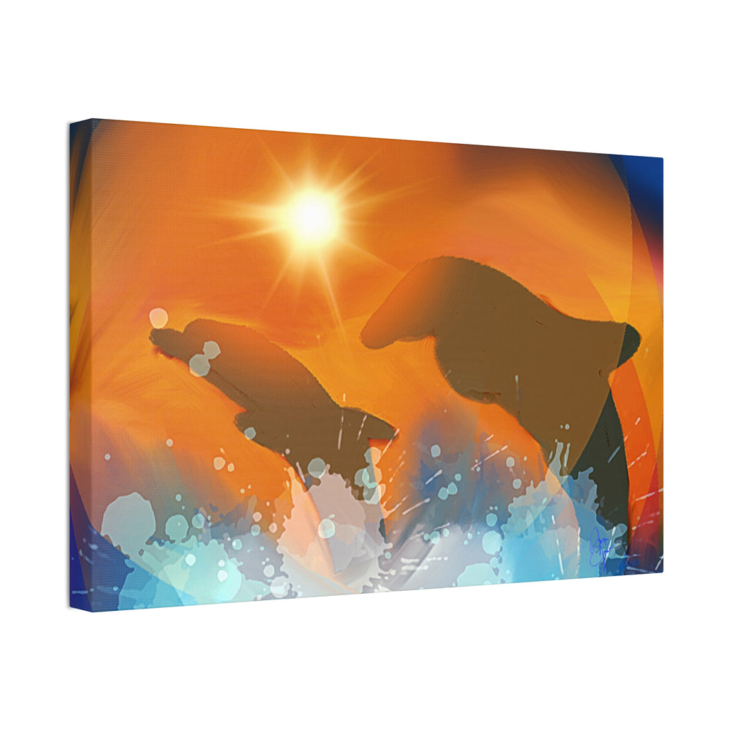 Sunset Dolphin Canvas Wall Art — Vibrant Ocean Sunset Stretch Canvas