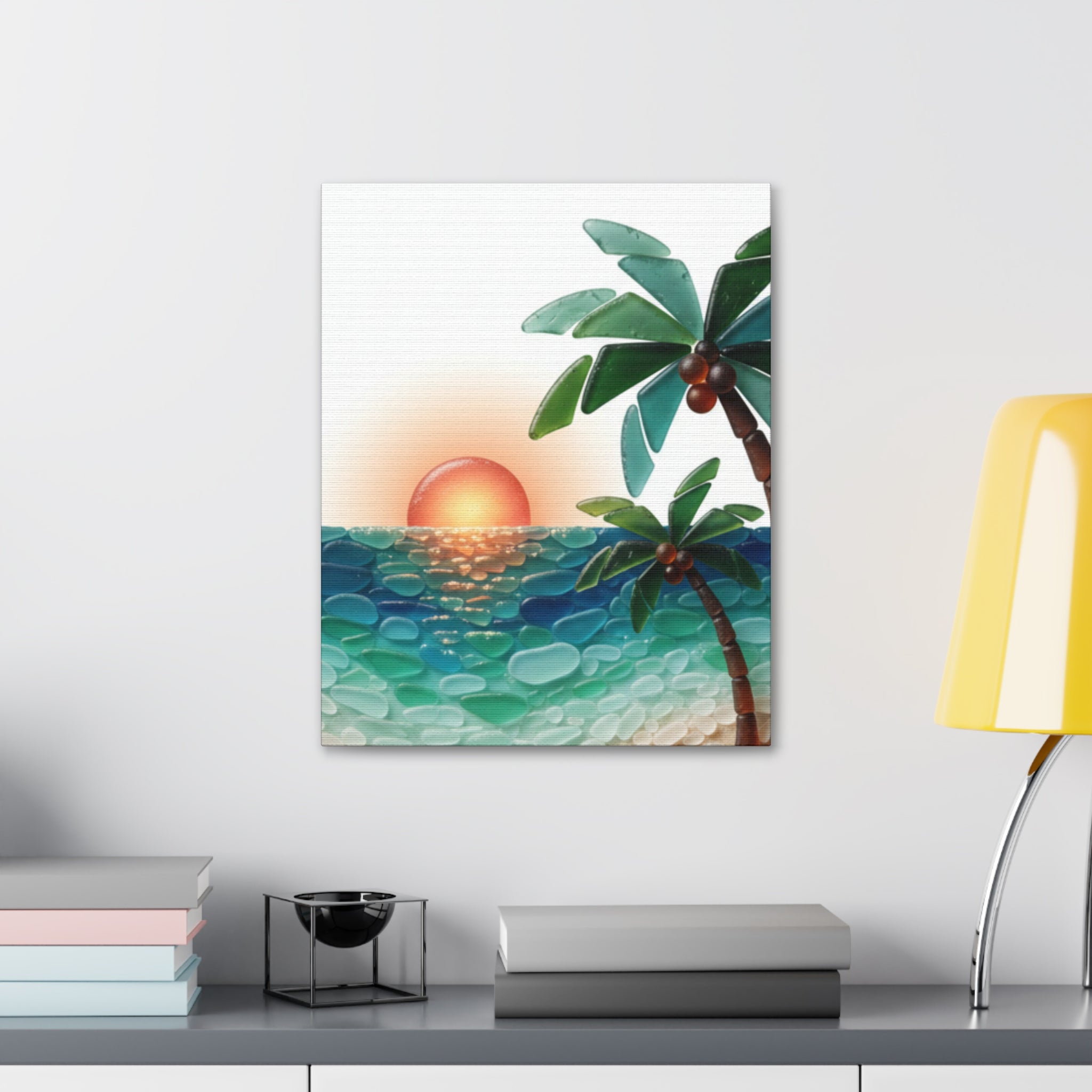 Tropical Sunset Canvas Wall Art — Palm Tree Beach Seascape Stretched Canvas