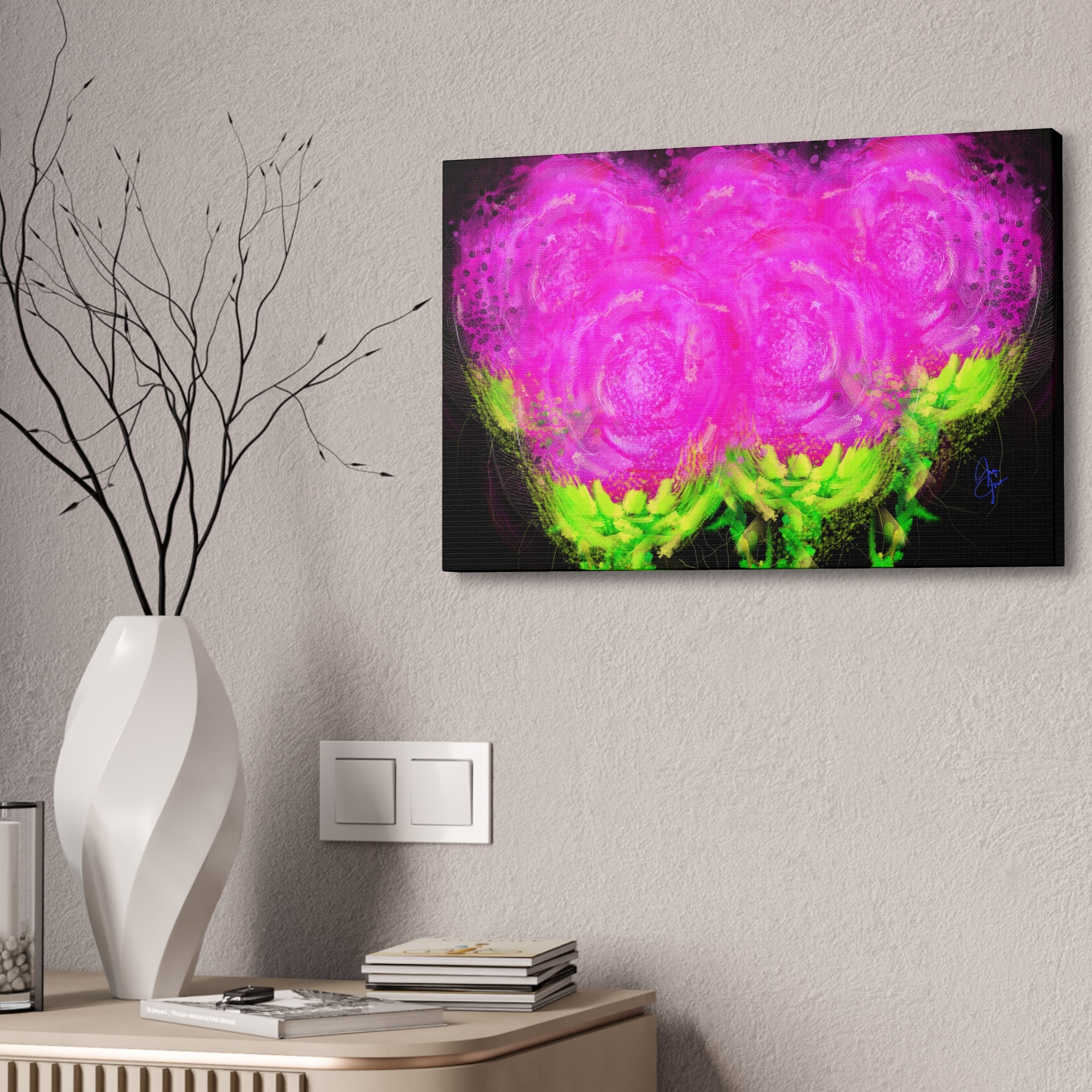 Bright Pink Floral Canvas Print — Modern Abstract Rose Wall Art (Stretched Canvas)