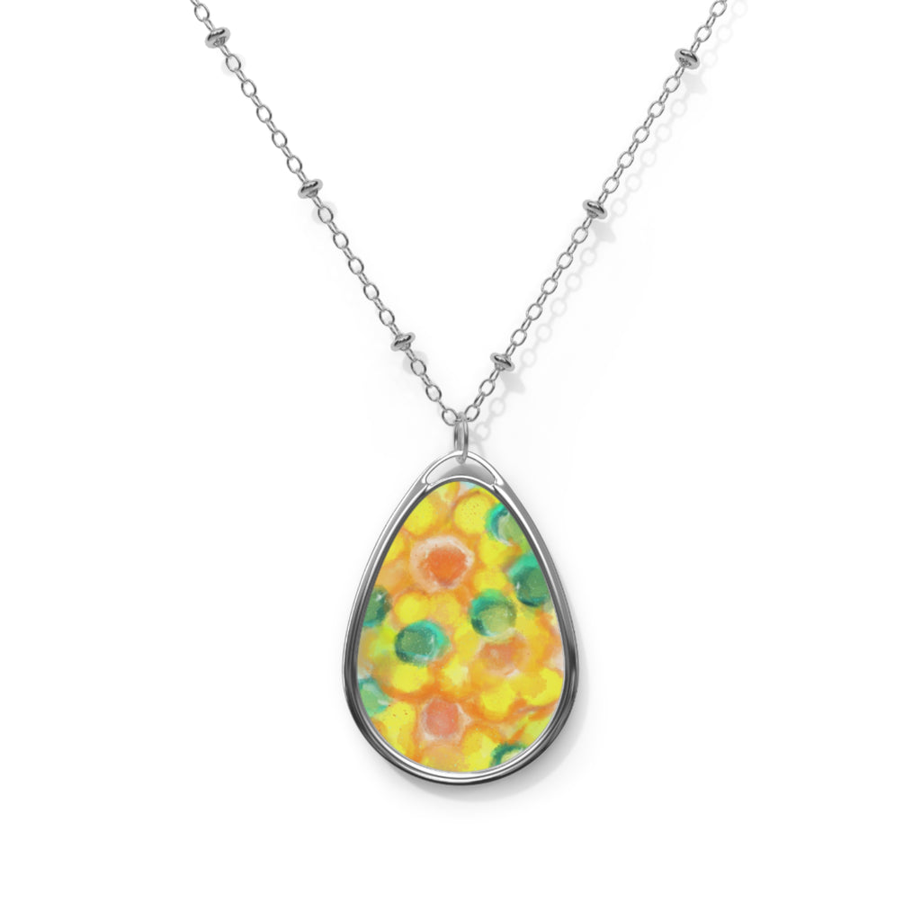 Yellow Floral Oval Pendant Necklace — Colorful Watercolor Teardrop Jewelry