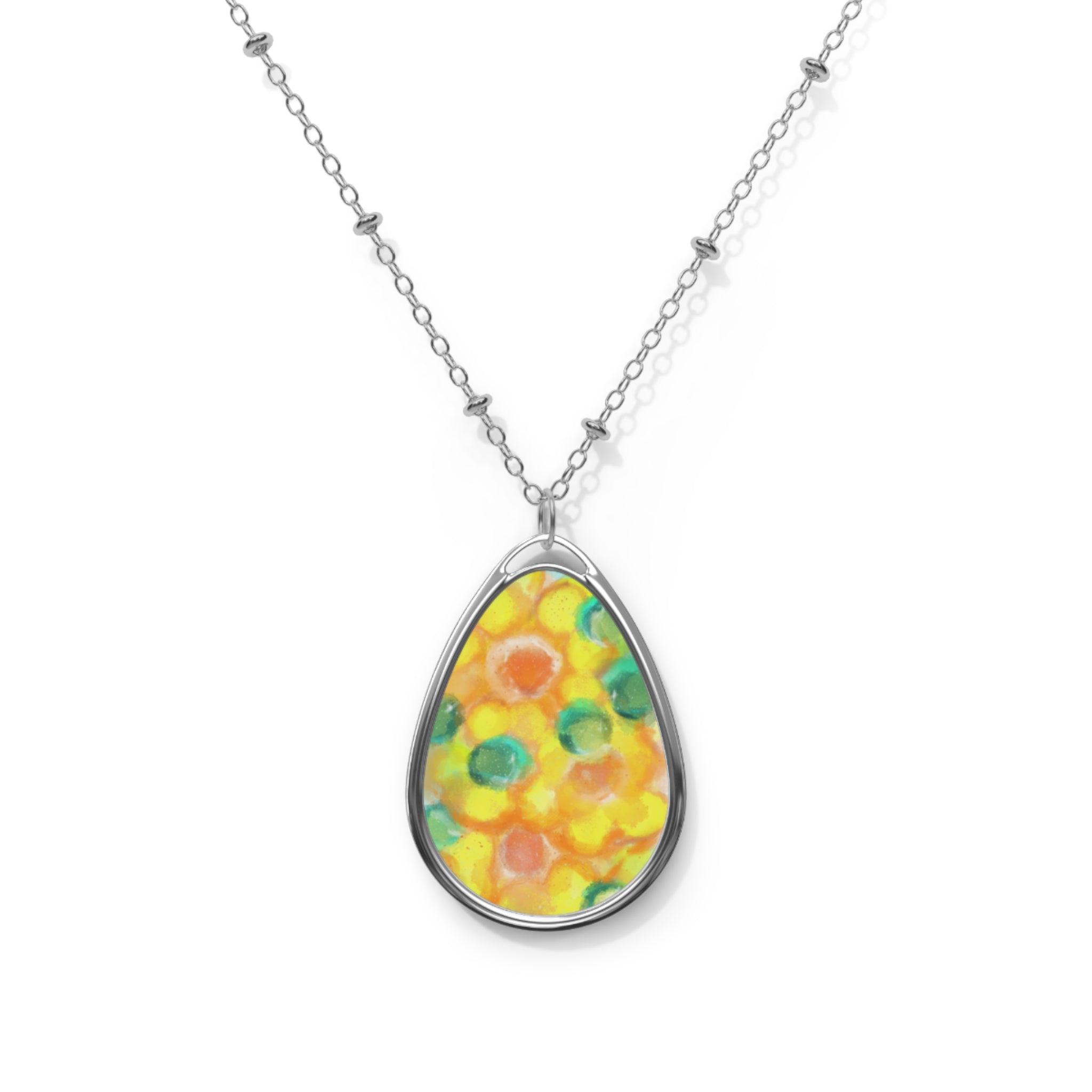 Yellow Floral Oval Pendant Necklace — Colorful Watercolor Teardrop Jewelry