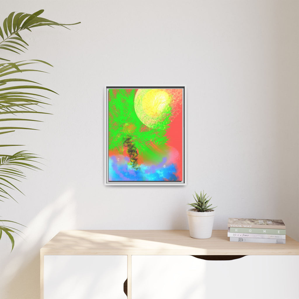 Abstract Neon Tree Matte Canvas Framed Art — Vibrant Green Moon Landscape