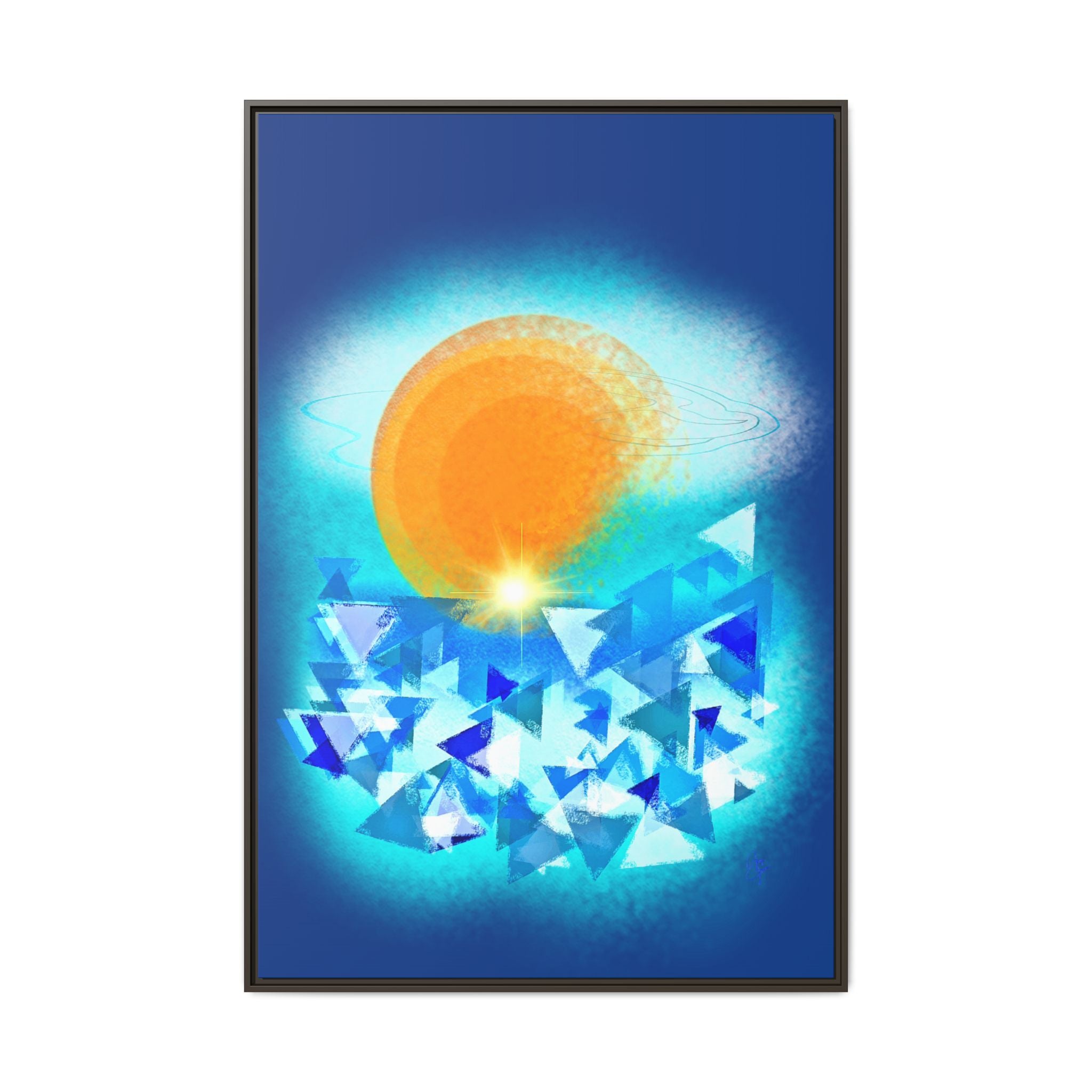 Abstract Sunrise Framed Canvas Art – Orange Sun Over Blue Geometric Waves