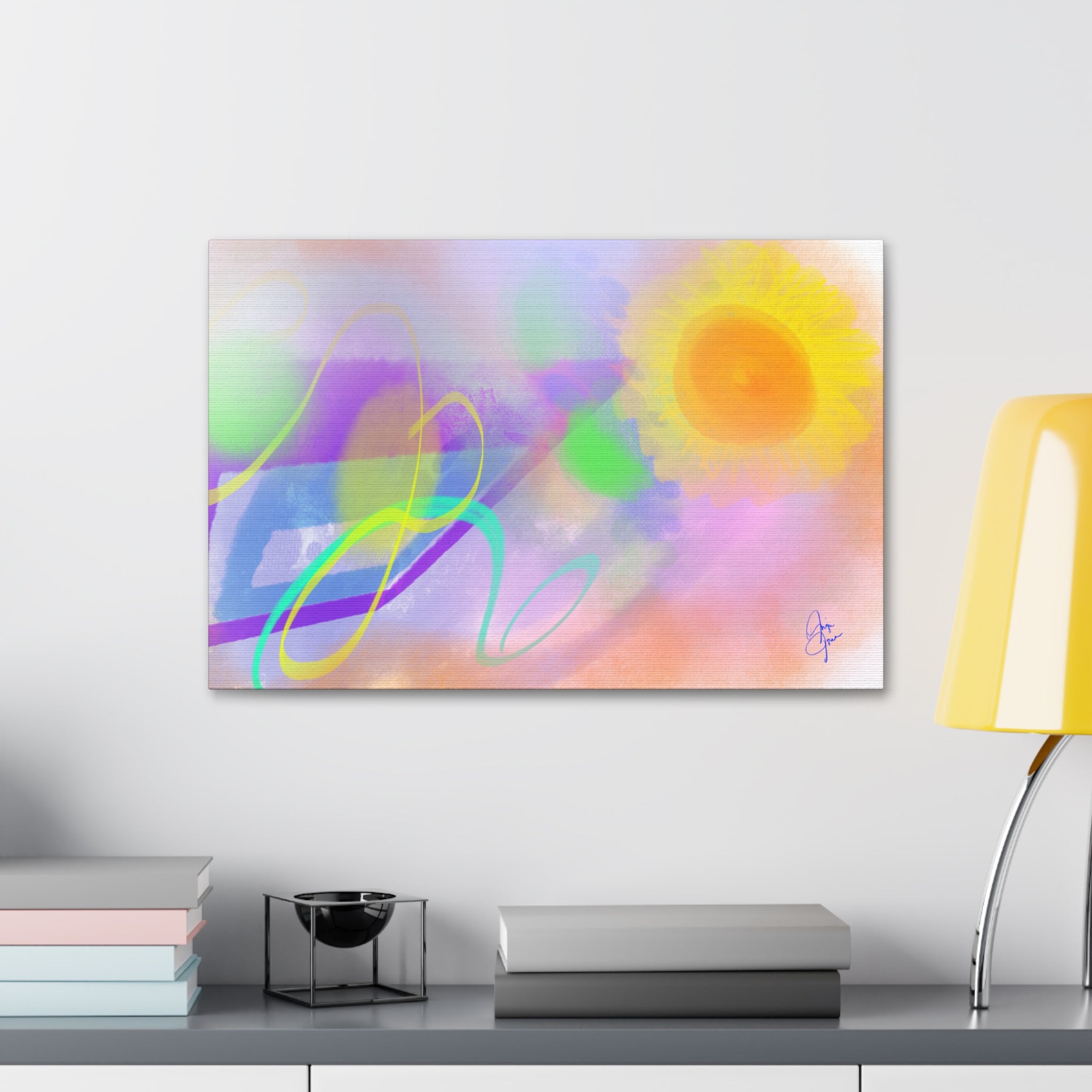 Abstract Sunrise Canvas Wall Art – Bright Pastel Sun & Swirls (1.5" Stretched)