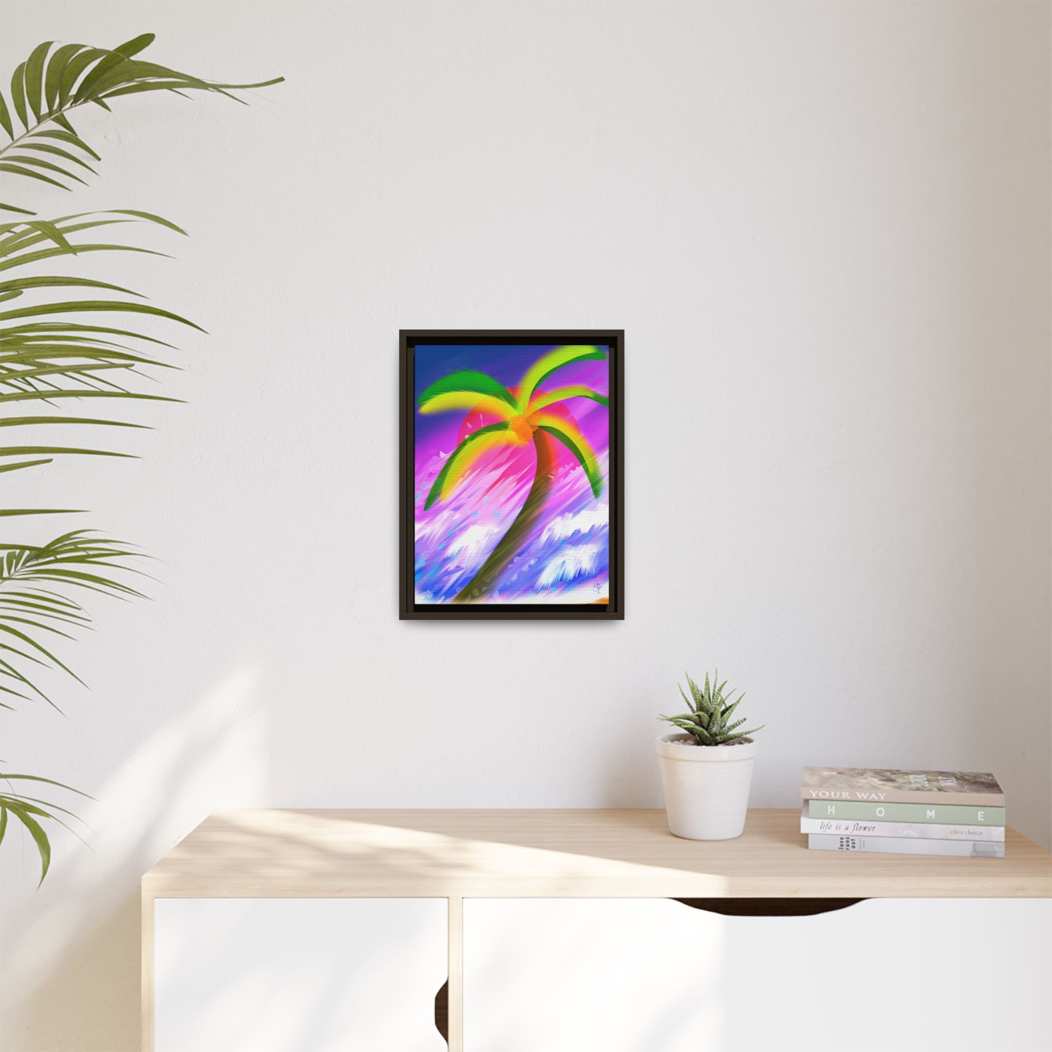 Framed Matte Canvas Print — Neon Palm Beach Art