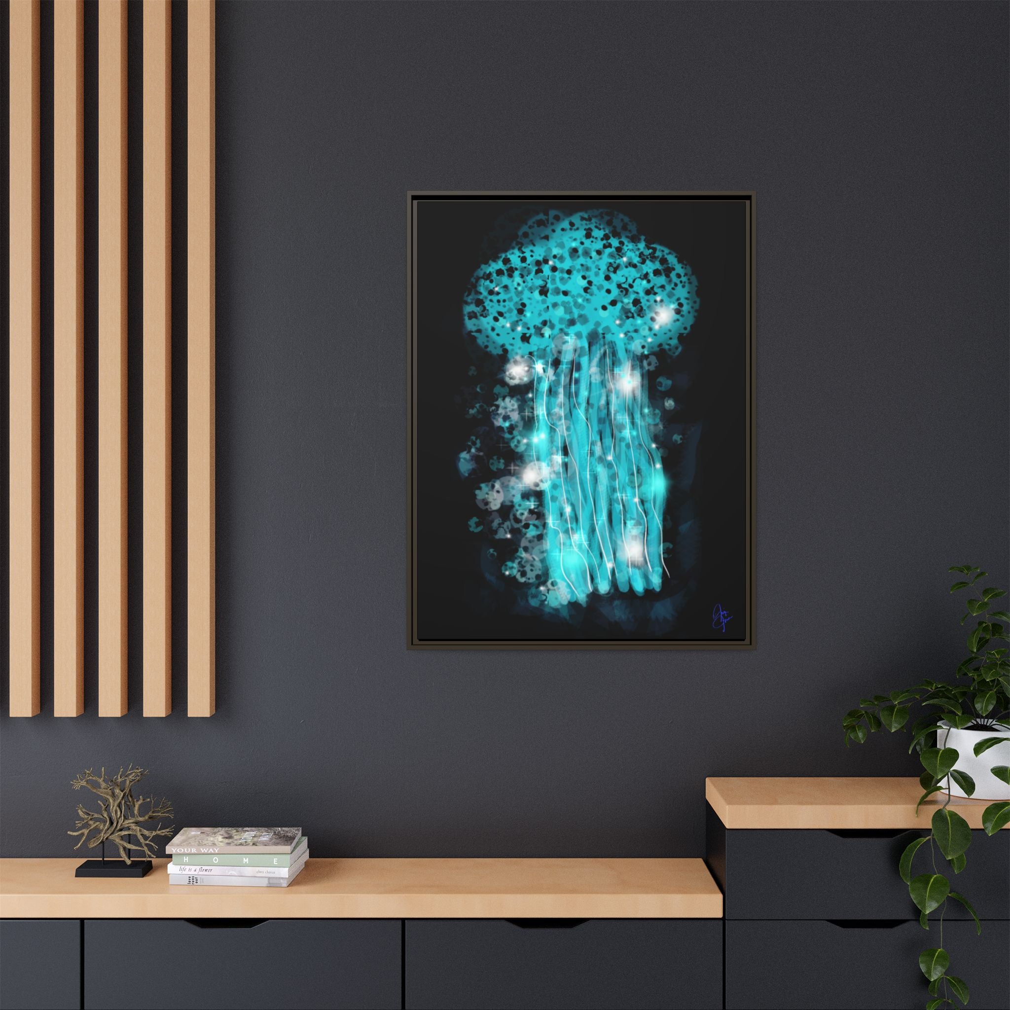 Glowing Jellyfish Art Print — Framed Matte Canvas