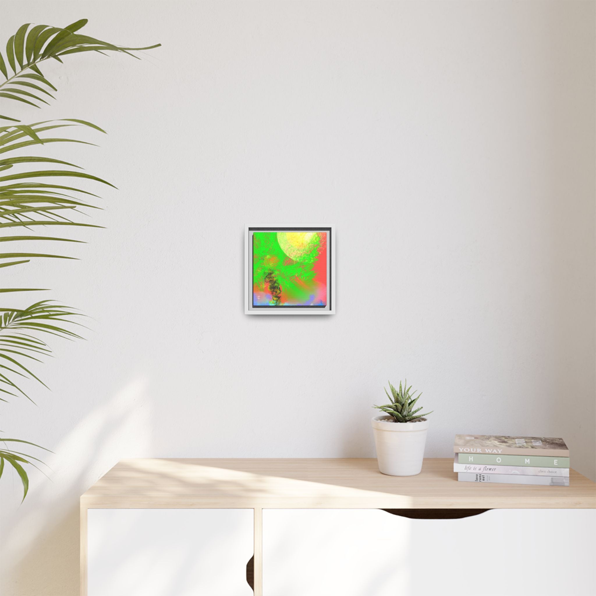 Abstract Neon Tree Matte Canvas Framed Art — Vibrant Green Moon Landscape