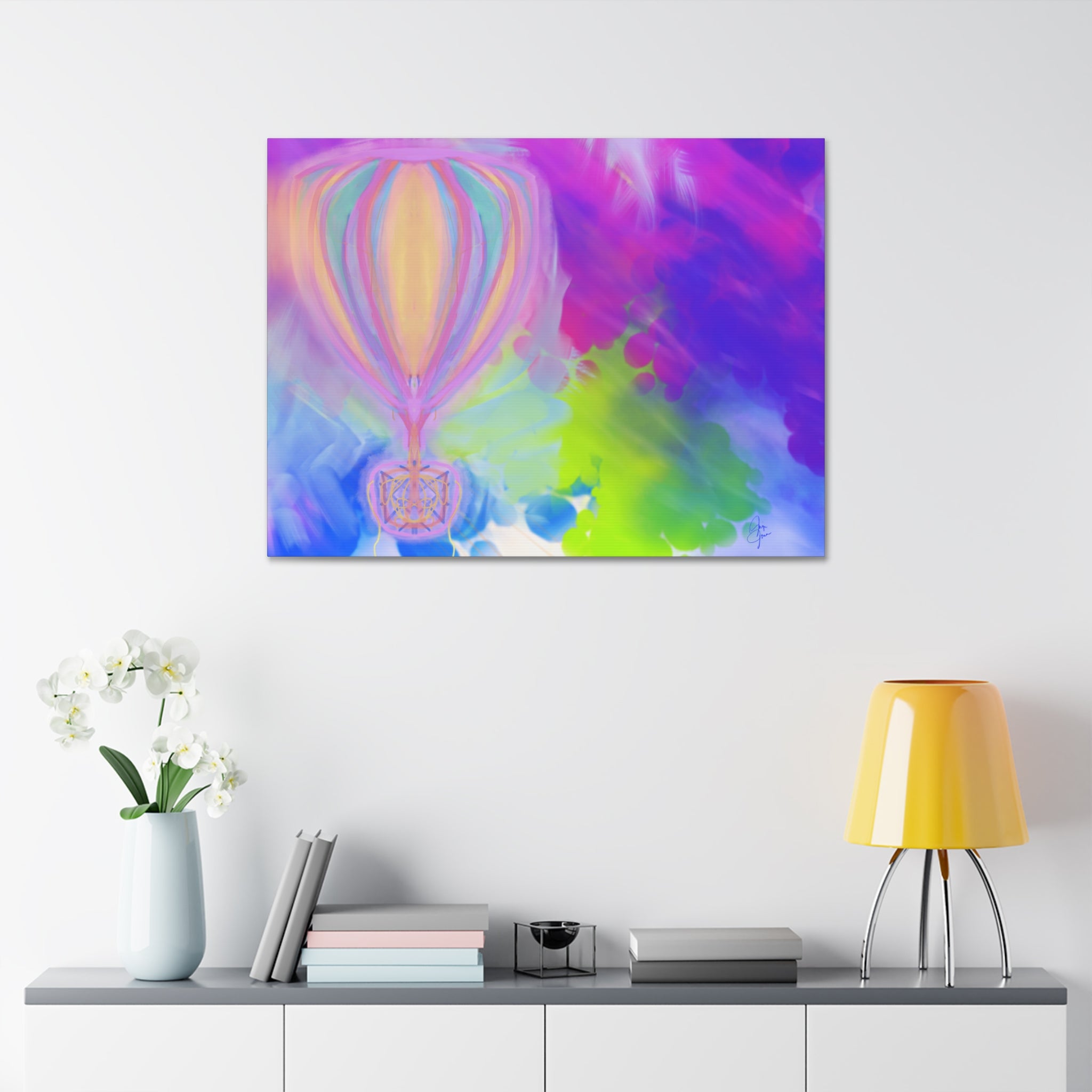 Whimsical Hot Air Balloon Kids Canvas Art — Bright Stretched Wall Decor