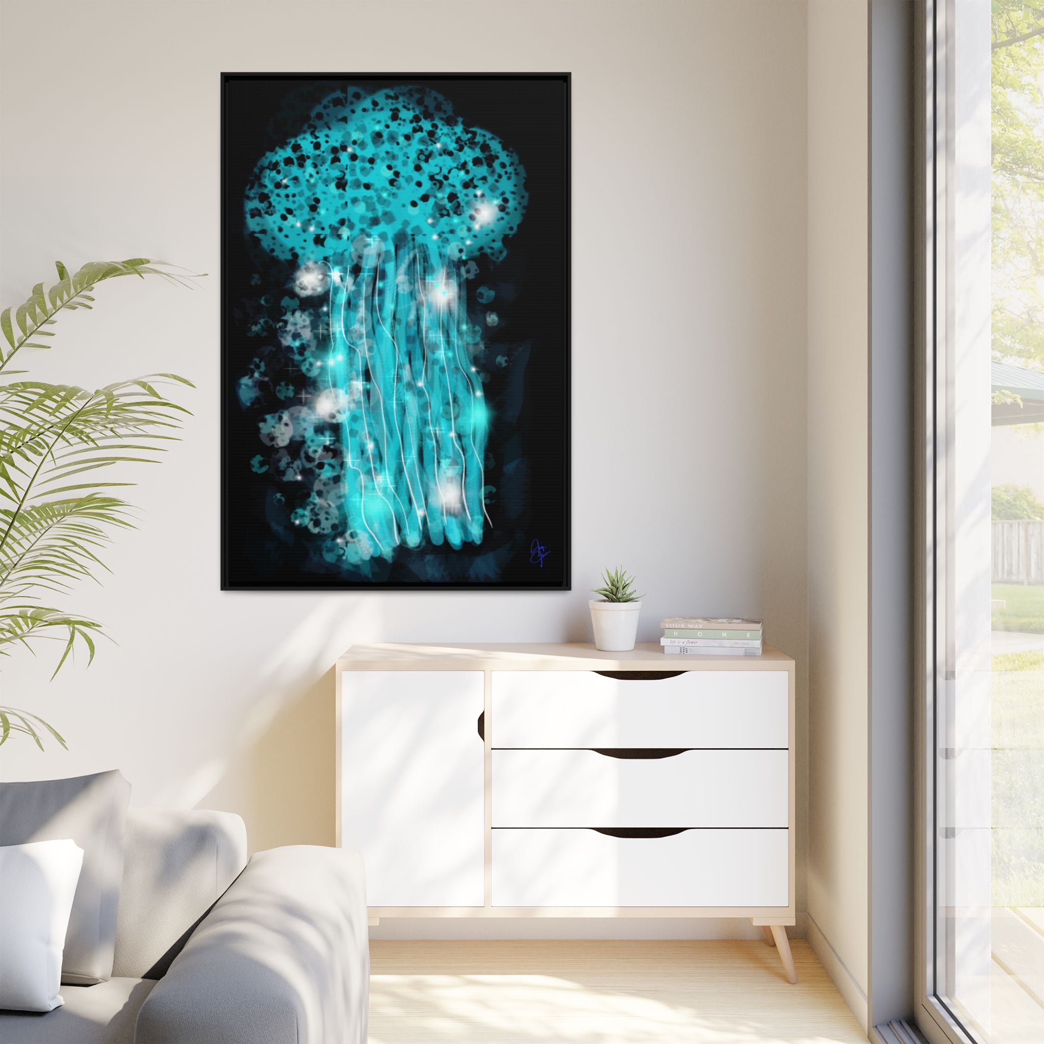 Glowing Jellyfish Art Print — Framed Matte Canvas