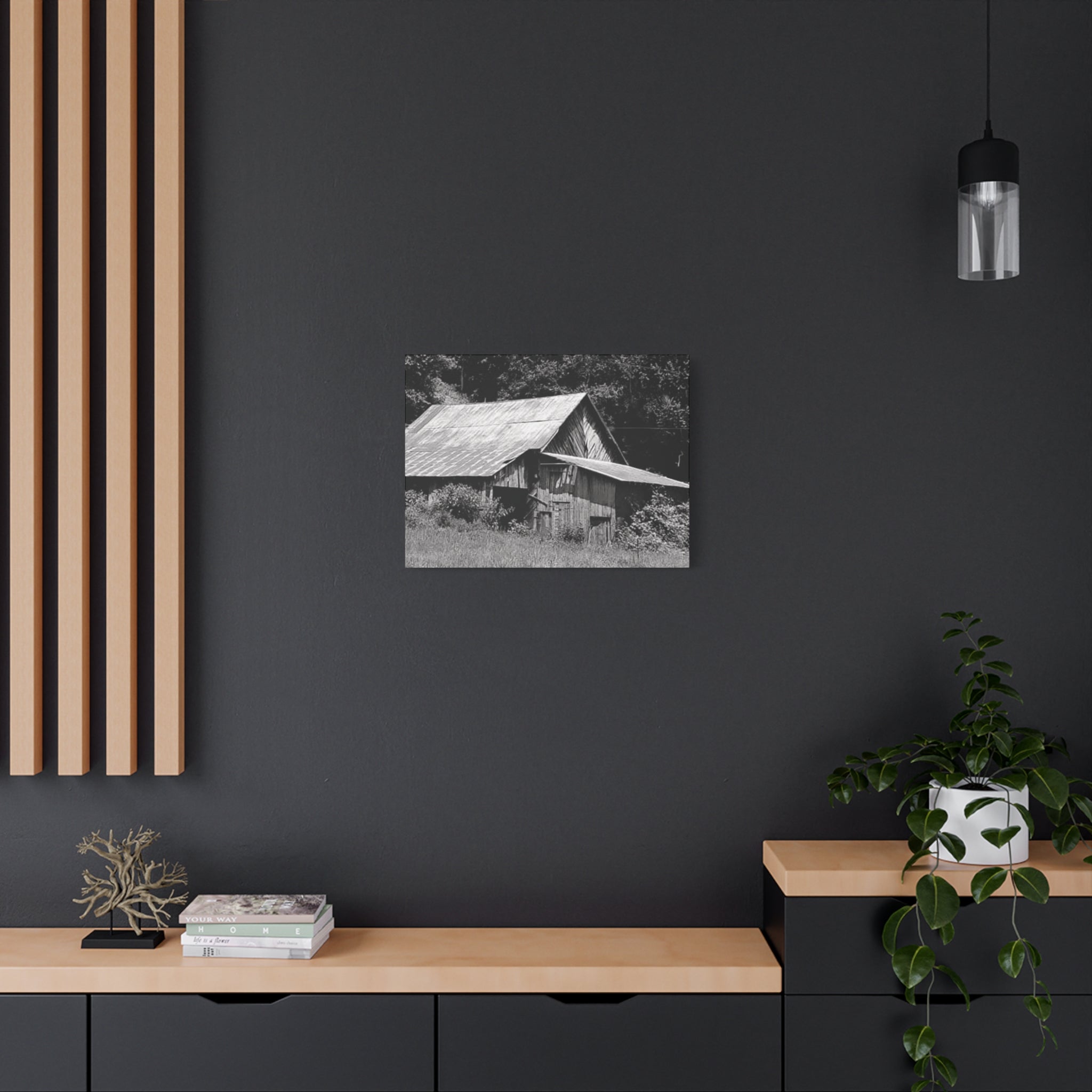 Rustic Barn Black & White Matte Canvas Print — Stretched Wall Art