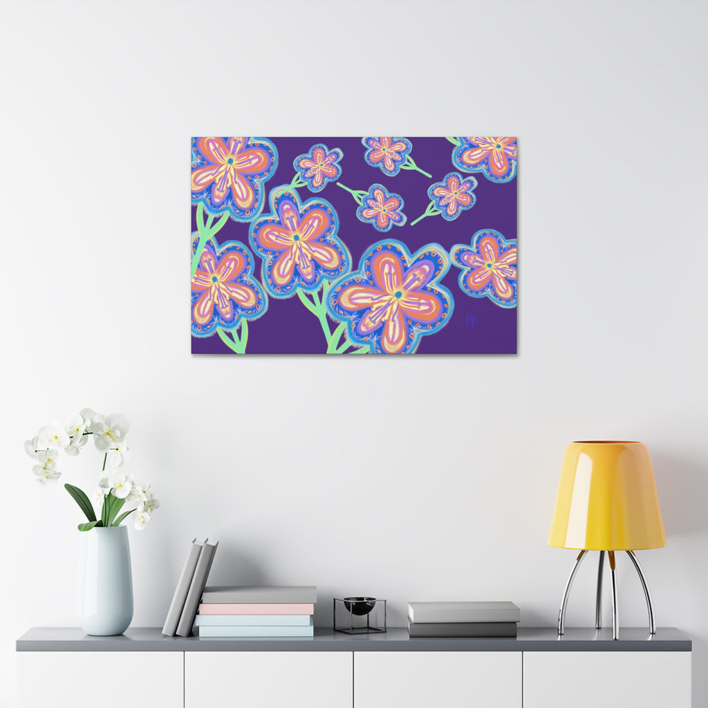 Floral Pop Canvas — Bright Blue Hand-Drawn Flowers Stretched Canvas