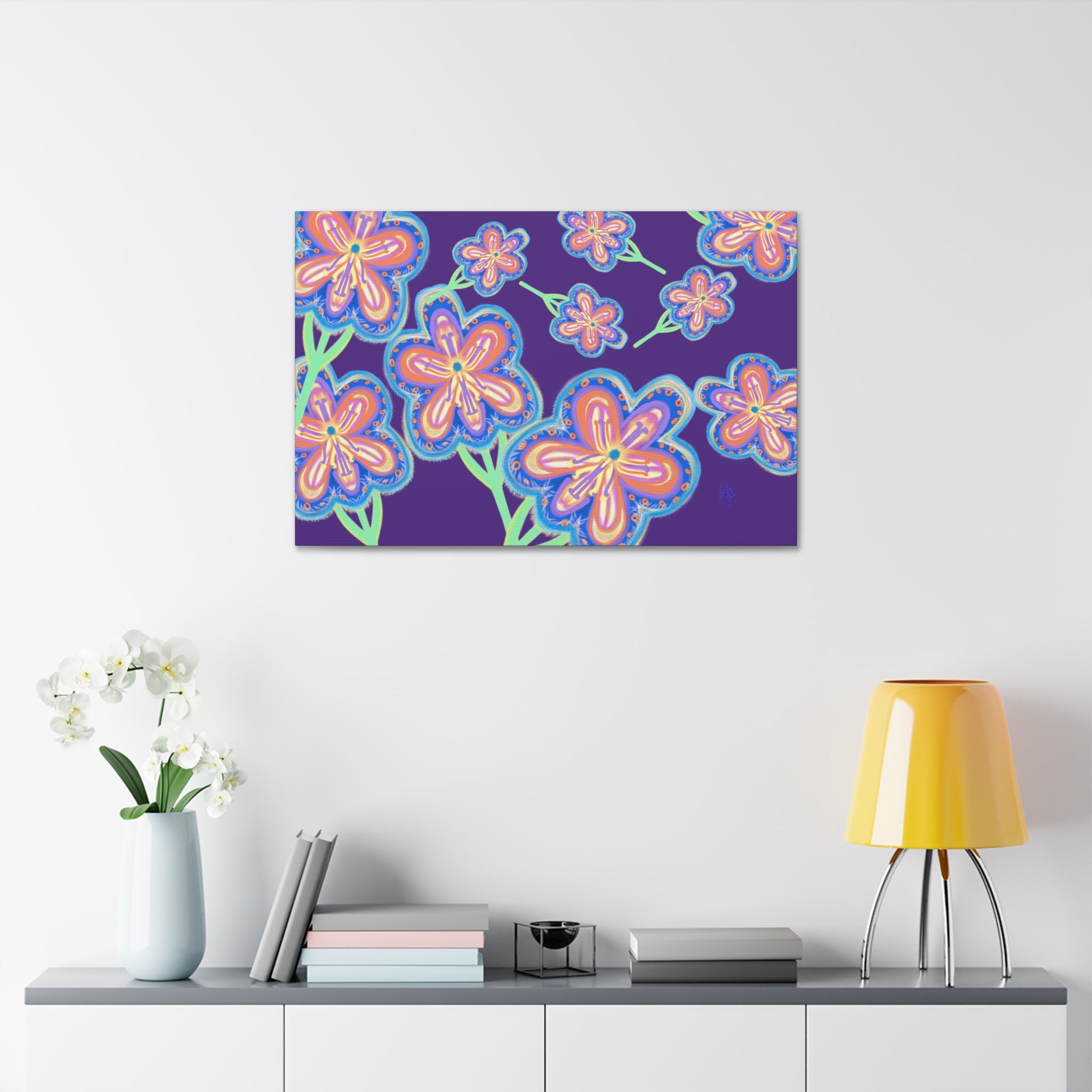 Floral Pop Canvas — Bright Blue Hand-Drawn Flowers Stretched Canvas