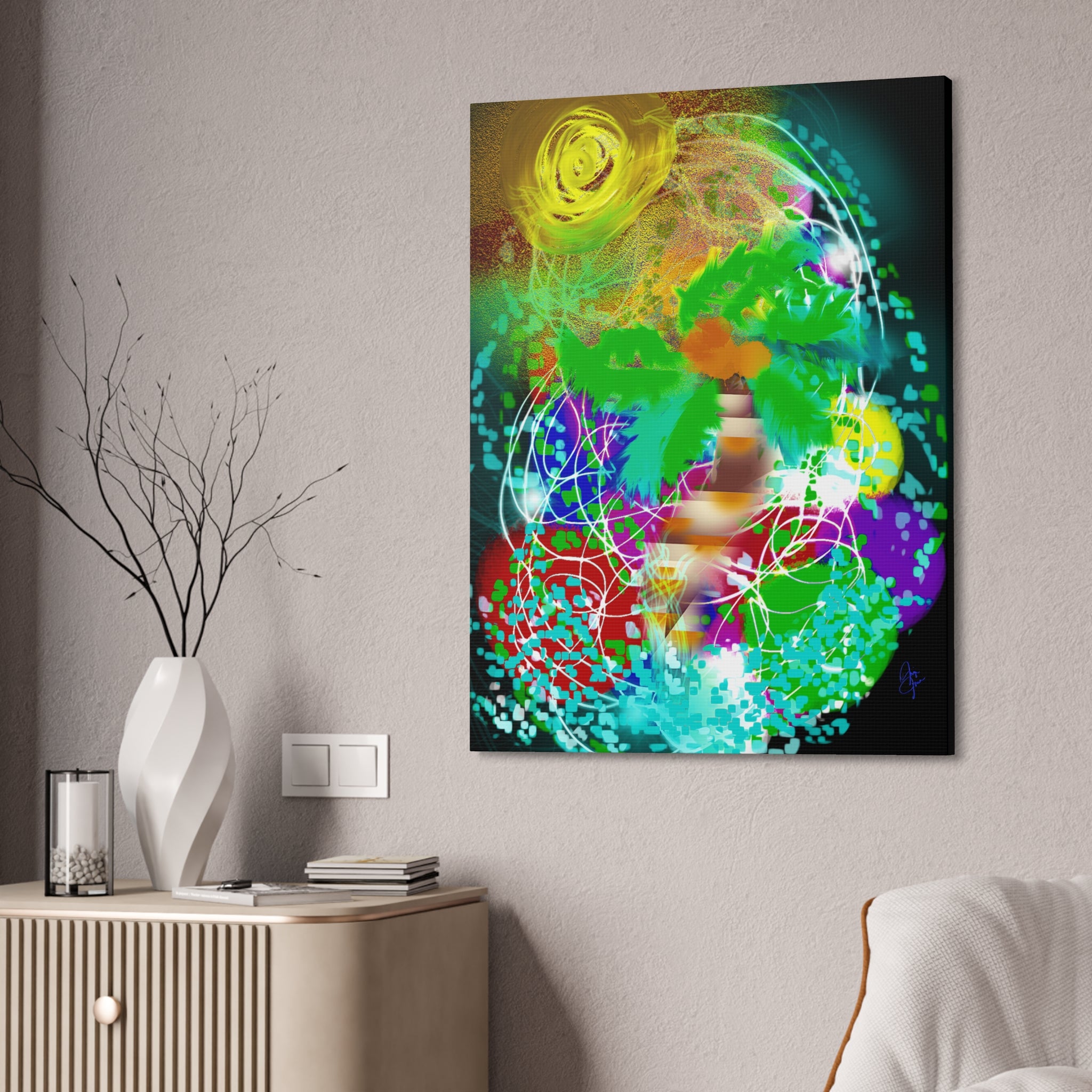 Tropical Abstract Canvas Print — Colorful Palm Tree Wall Art Stretched 1.5"