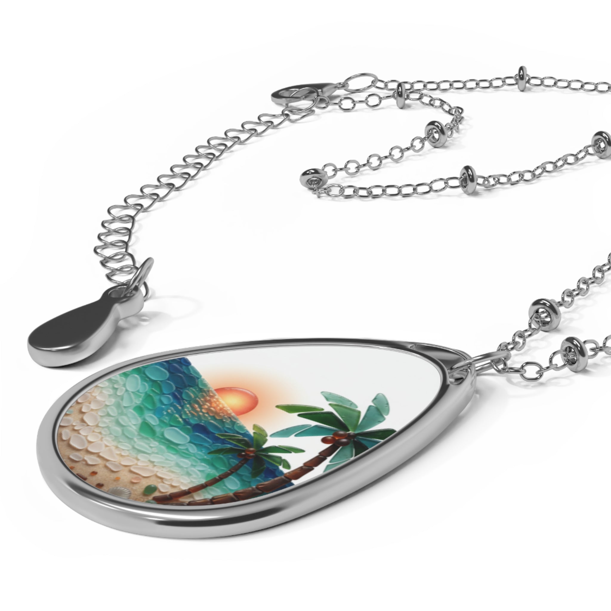 Sunset Beach Oval Necklace — Palm Tree Seascape Pendant