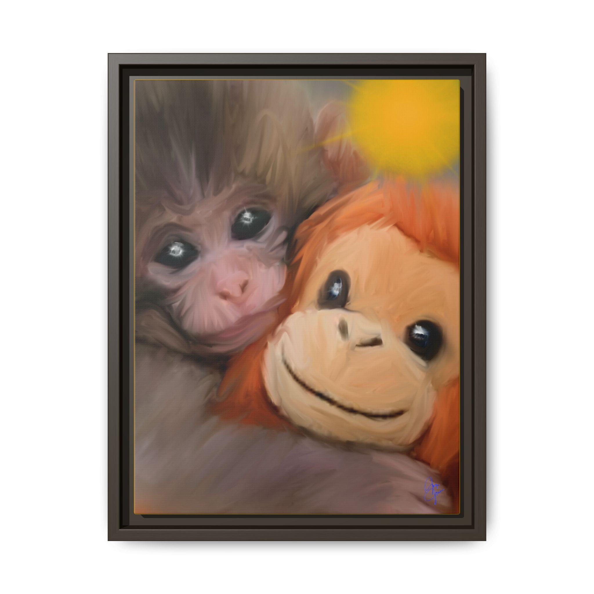 Framed Matte Canvas Print — Baby Monkey & Plush Orangutan Wall Art
