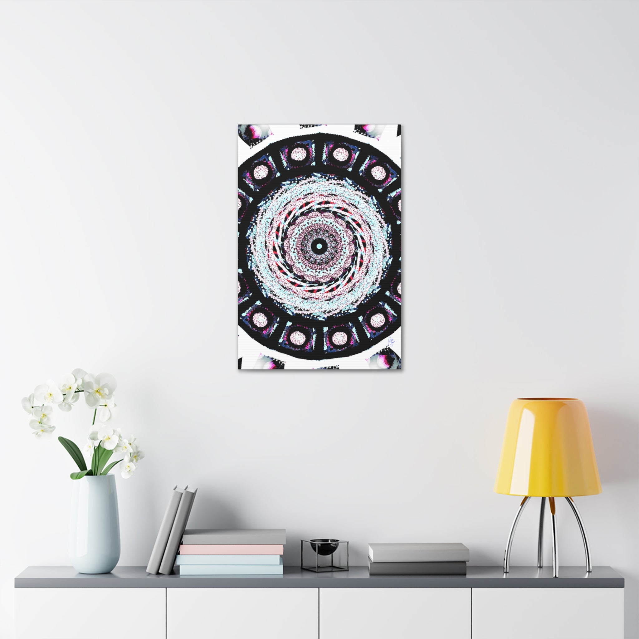 Mandala Kaleidoscope Canvas Wall Art — Psychedelic Pink & Teal Stretched Canvas (1.5")