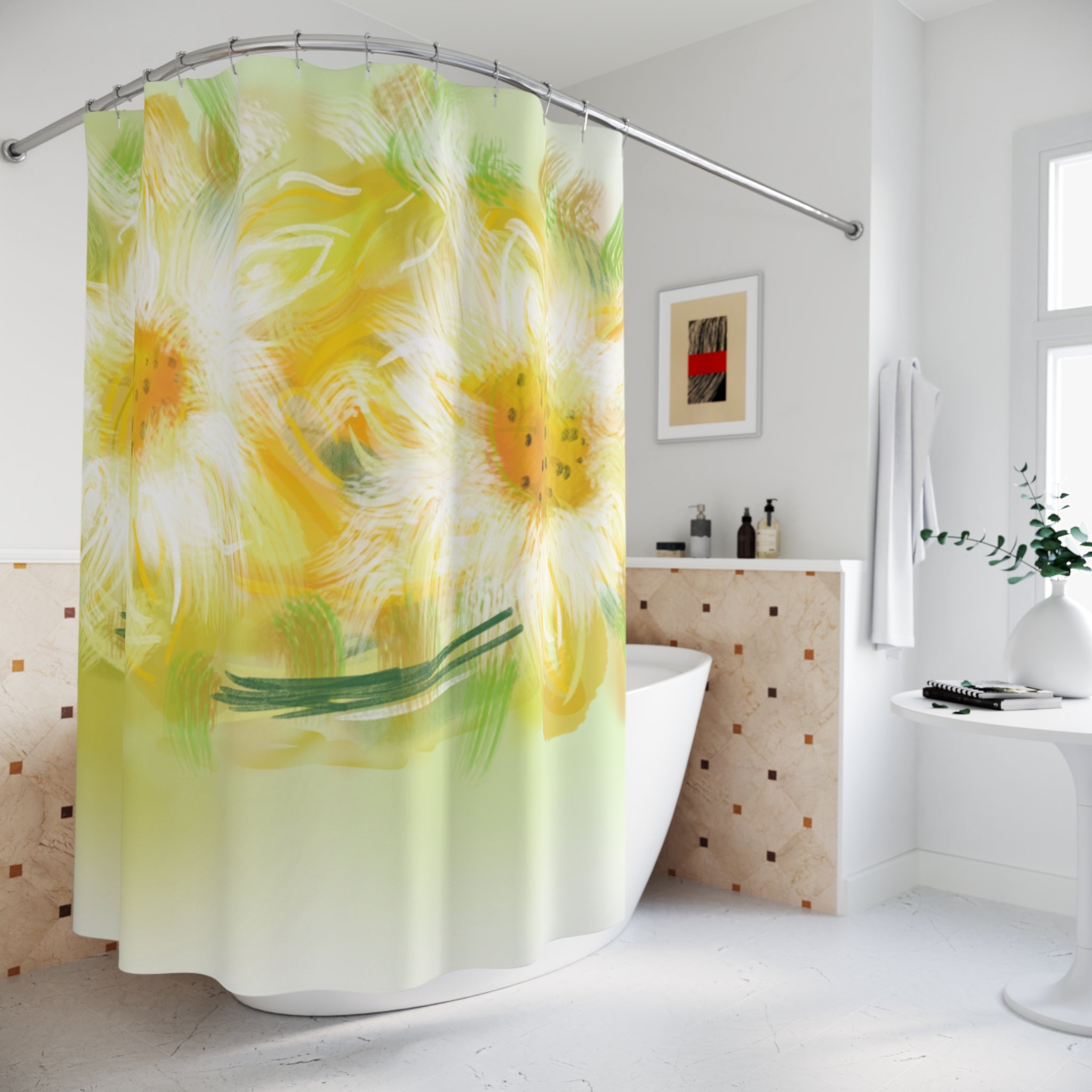 Sunlit Daisies Floral Shower Curtain — Bright Yellow Watercolor Bathroom Décor