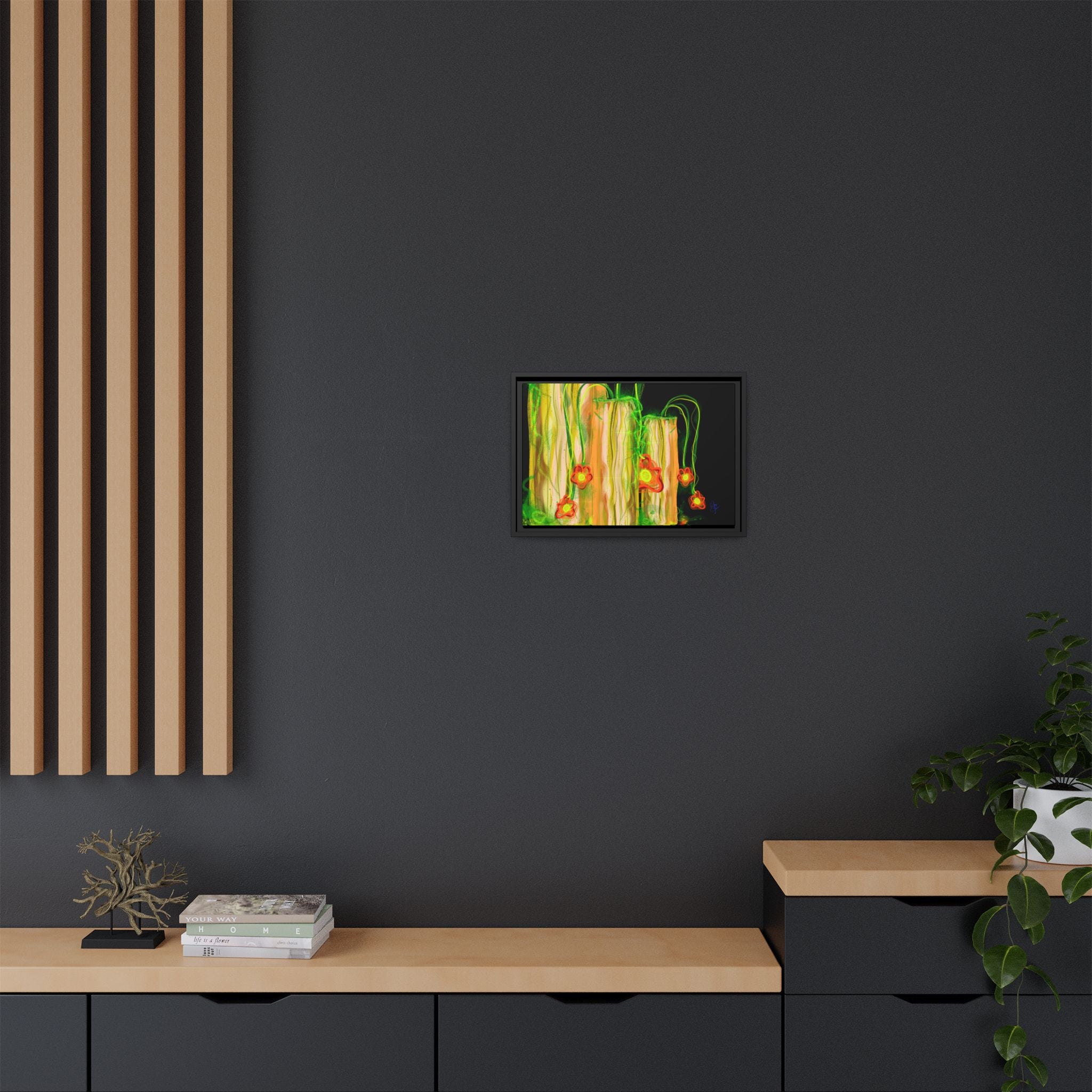 Framed Matte Canvas Print — Neon Floral Candlelight Art