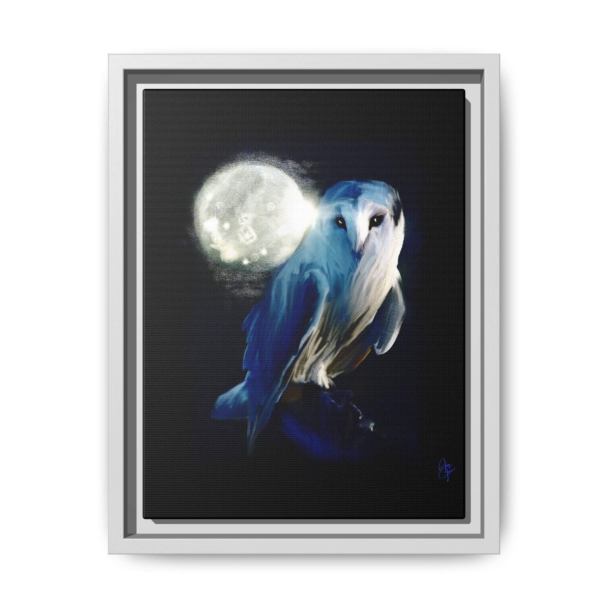 Moonlight Owl Matte Framed Canvas — Mystical Blue Owl Wall Art