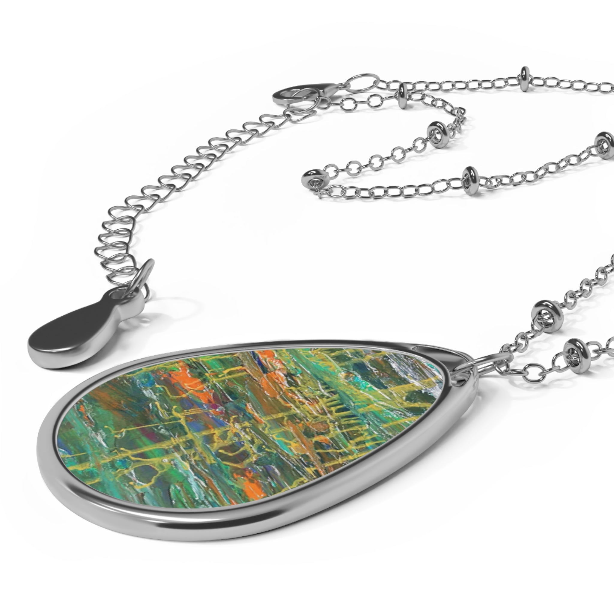 Oval Pendant Necklace — Abstract Green Watercolor Teardrop Necklace