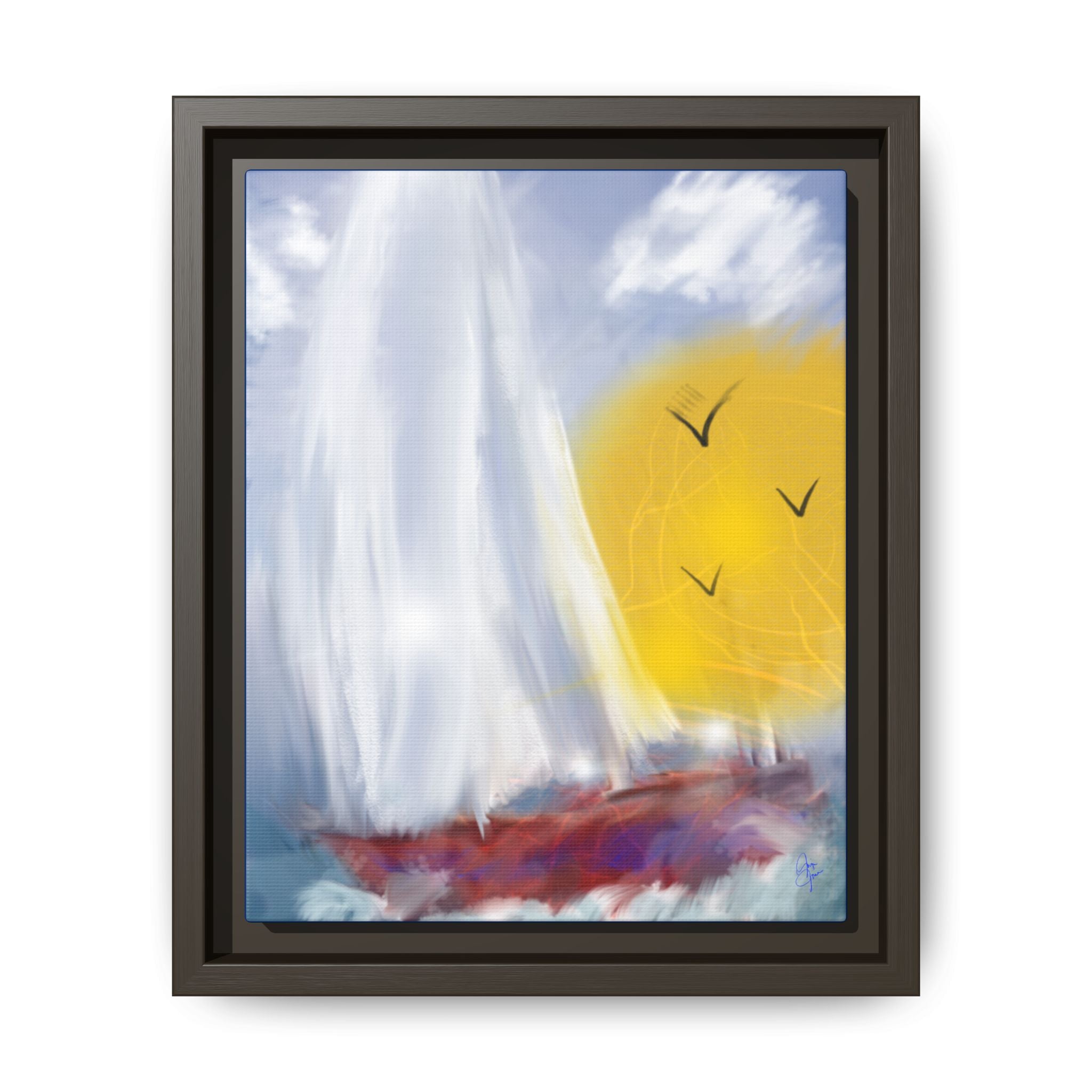 Sailboat Sunset Matte Framed Canvas Print — Coastal Seascape Wall Art