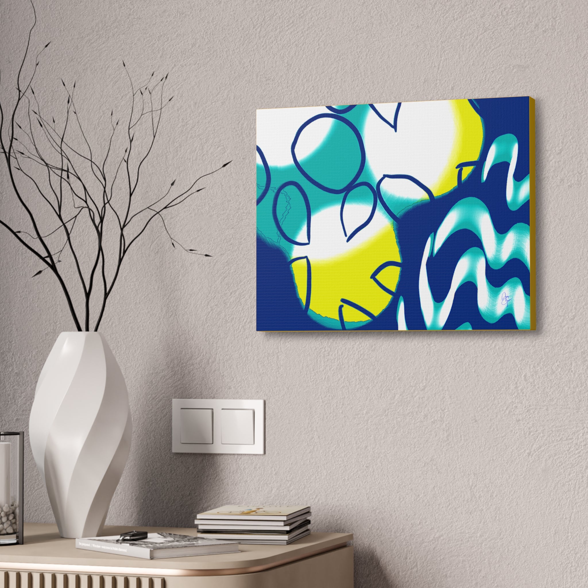 Abstract Ocean Waves Jellyfish Canvas Art — Blue & Teal Modern Wall Decor, Stretched 1.5"